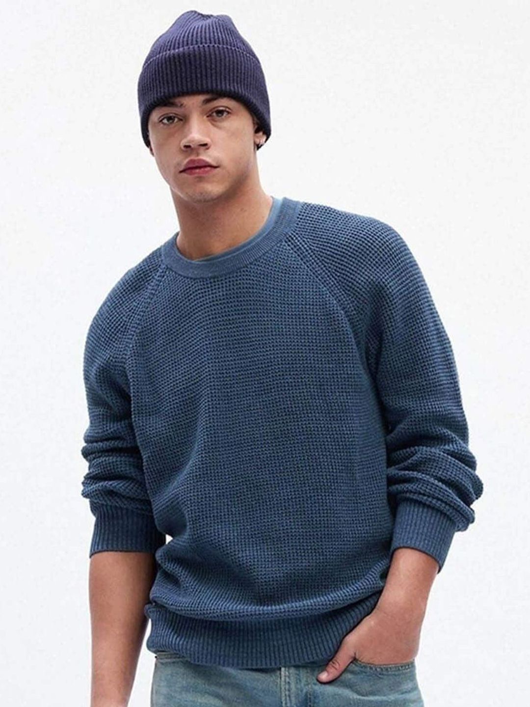 GAP GAP Men Textured Pure Cotton Raglan Long Sleeve Sweater