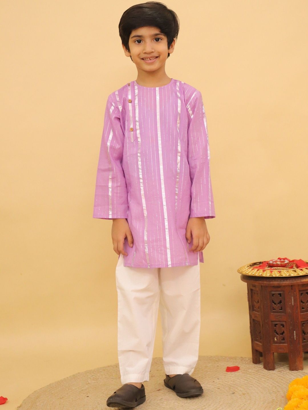 Baal Leela Boys Striped Round Neck Pure Cotton Kurta With Trousers