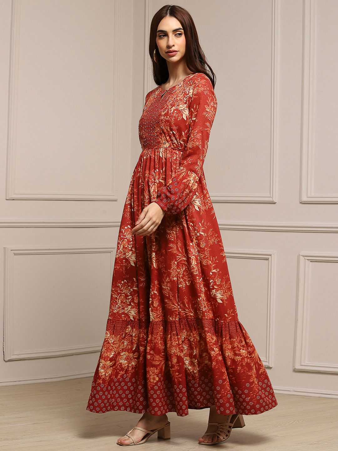 one piece dress ankle length Libas Olive Printed Silk Blend A-Line One Piece Dress main image 1