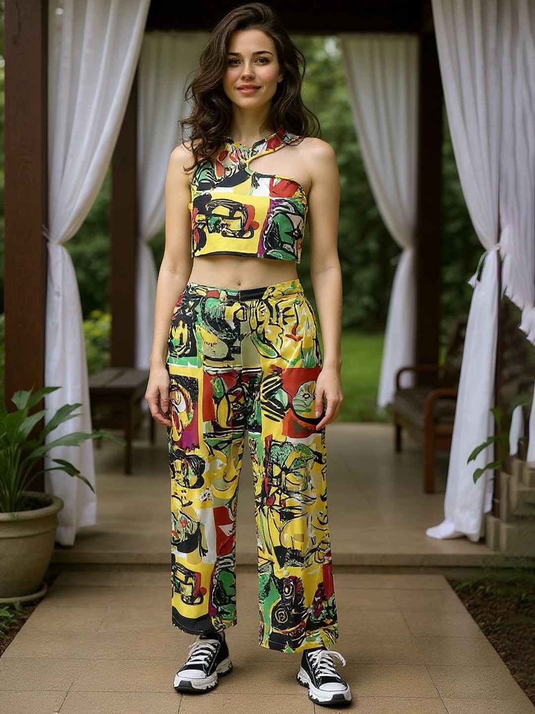 SZN Picasso Inspired Digital Printed Stylish Crop Top With Trouser Co-Ords