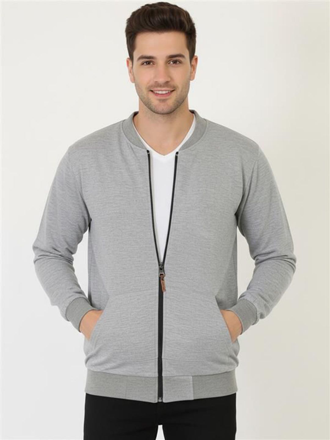 Leotude Men Collarless Self Design Bomber Jacket