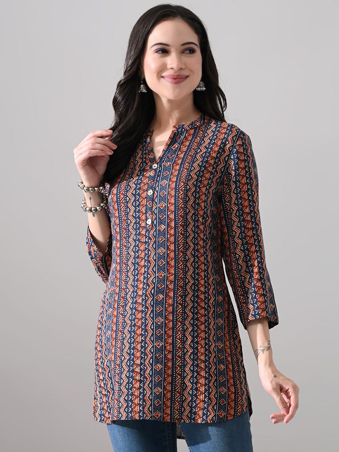 MEESAN Mandarin Collar Ethnic Printed Tunic