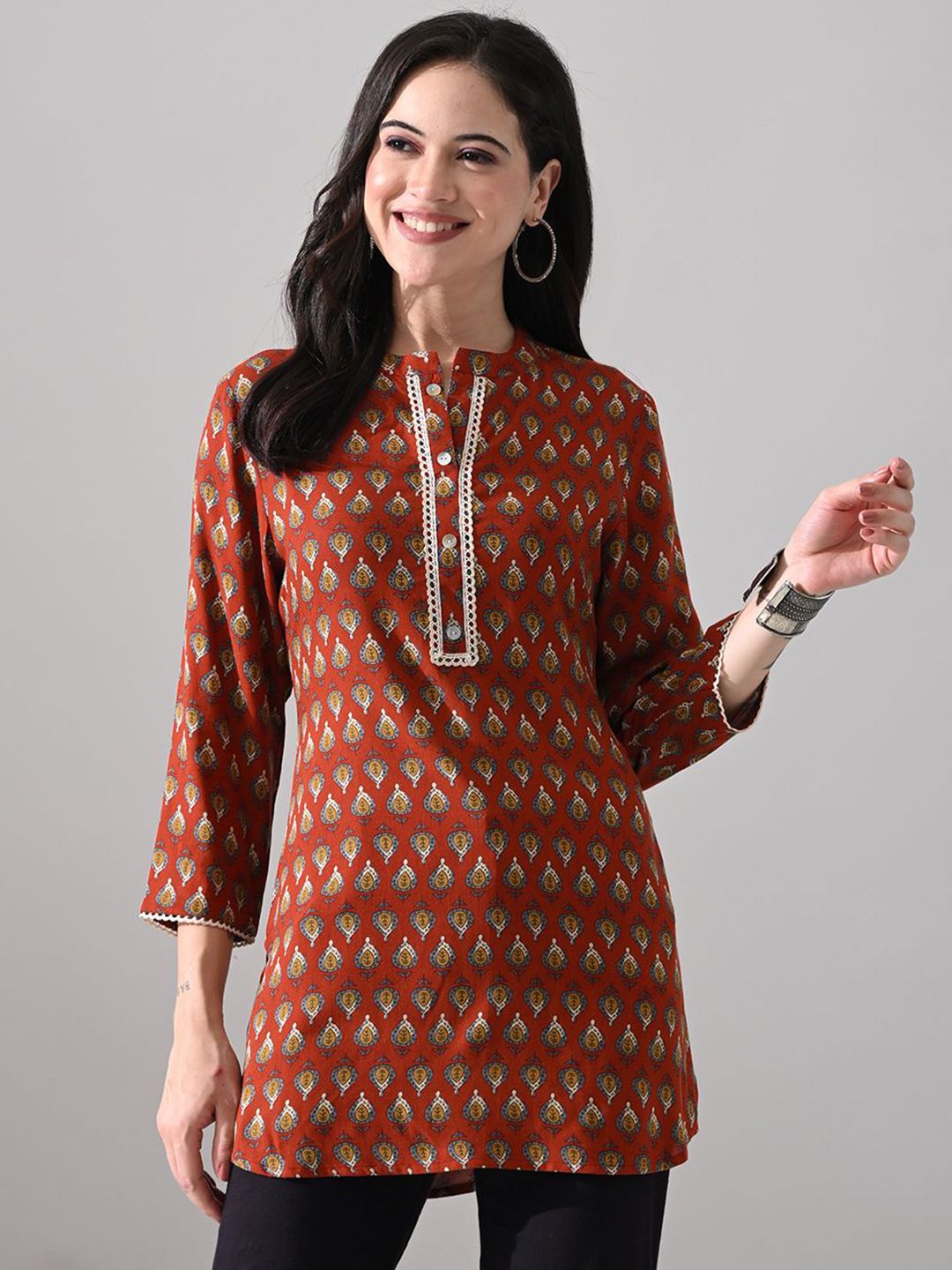 MEESAN Women Mandarin Collar Printed Ethnic Tunic