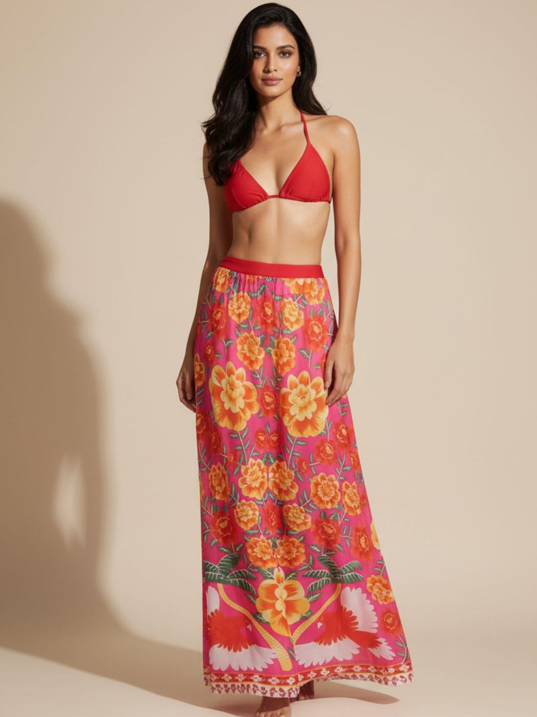 WomanLikeU Floral Printed Ankle Length Swim Cover-Up Skirt