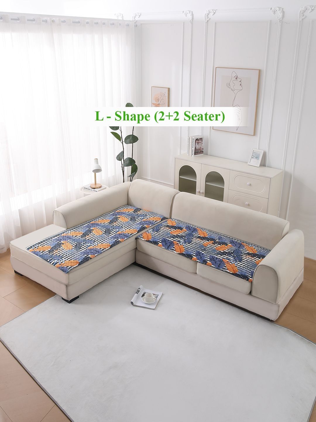 HOKIPO Tropical Leaves Dusk Blue LiefNest Printed Velvet L Shape 2+2 Sofa Cover