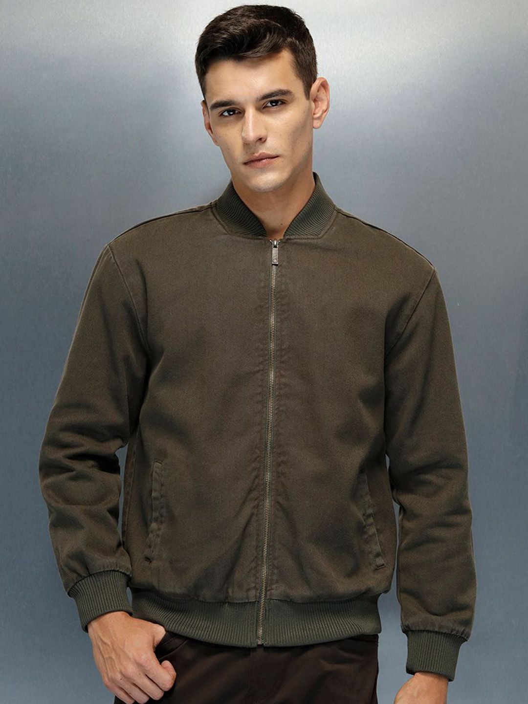 WROGN Brand Logo Printed Mock Collar Cotton Sporty Jacket