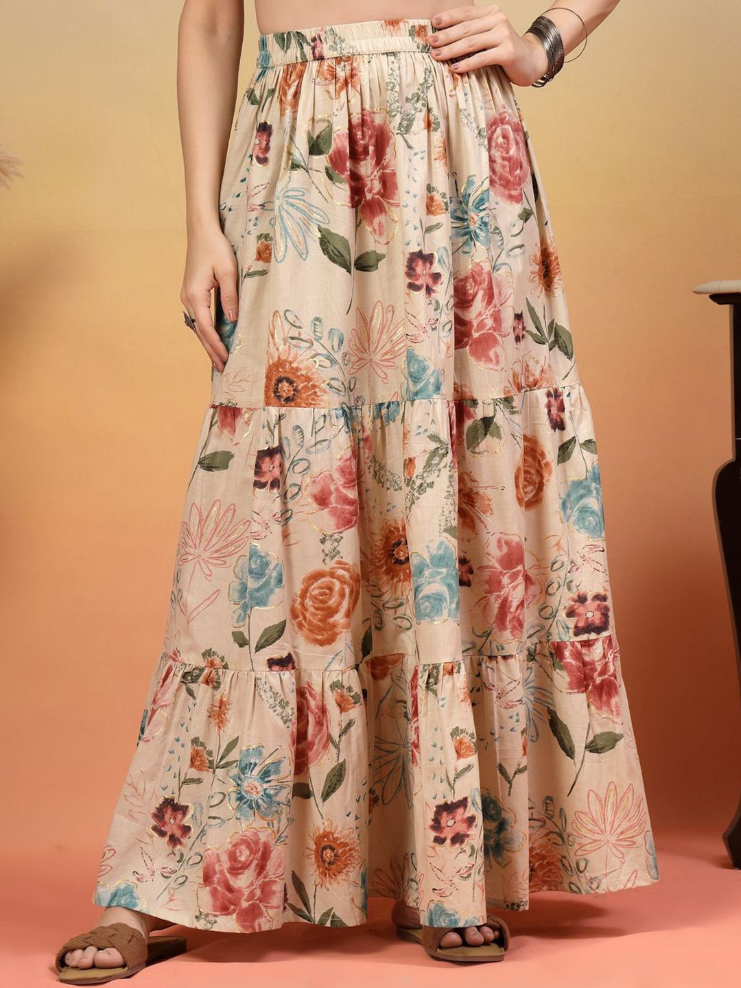 COTLAND FASHION Floral Printed Pure Cotton High-Rise Tiered Maxi Skirt