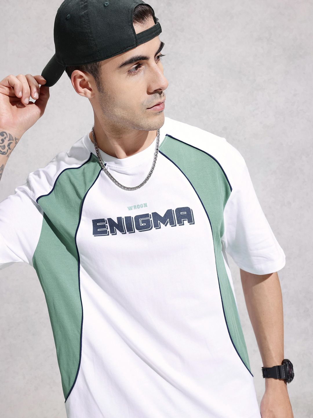 WROGN Oversized Fit Colourblocked Typography Printed Pure Cotton T-shirt