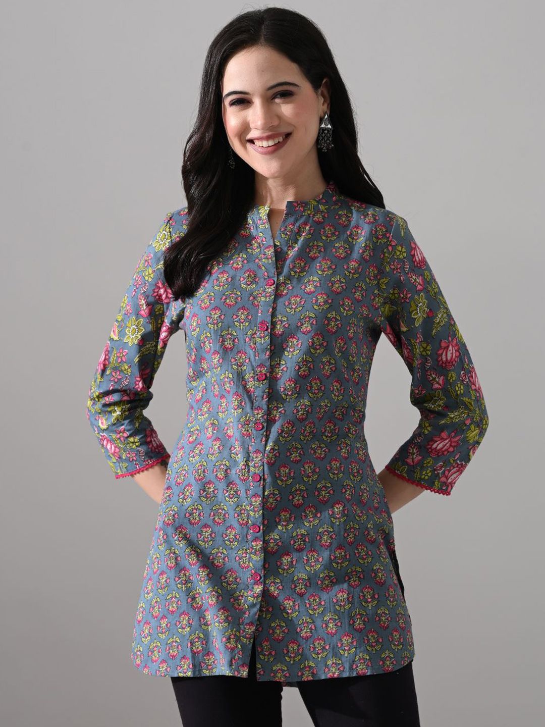 MEESAN Women Printed Mandarin Collar Cotton Ethnic Tunic