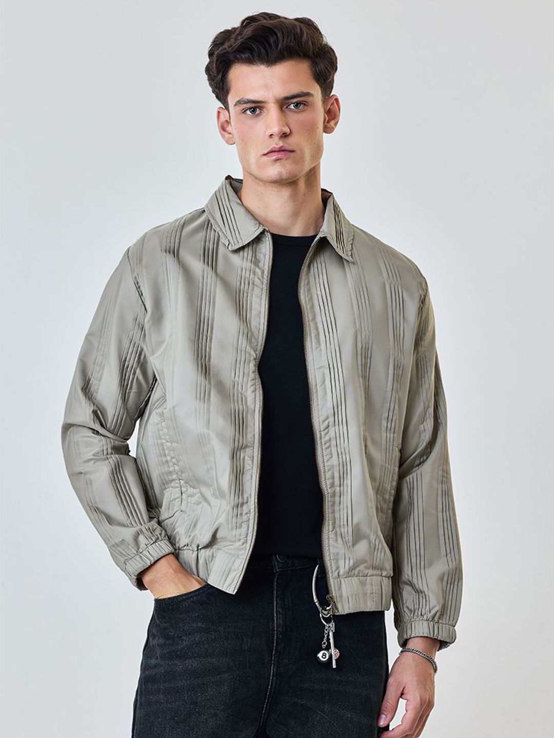 Snitch Men Spread Collar Striped Bomber Jacket