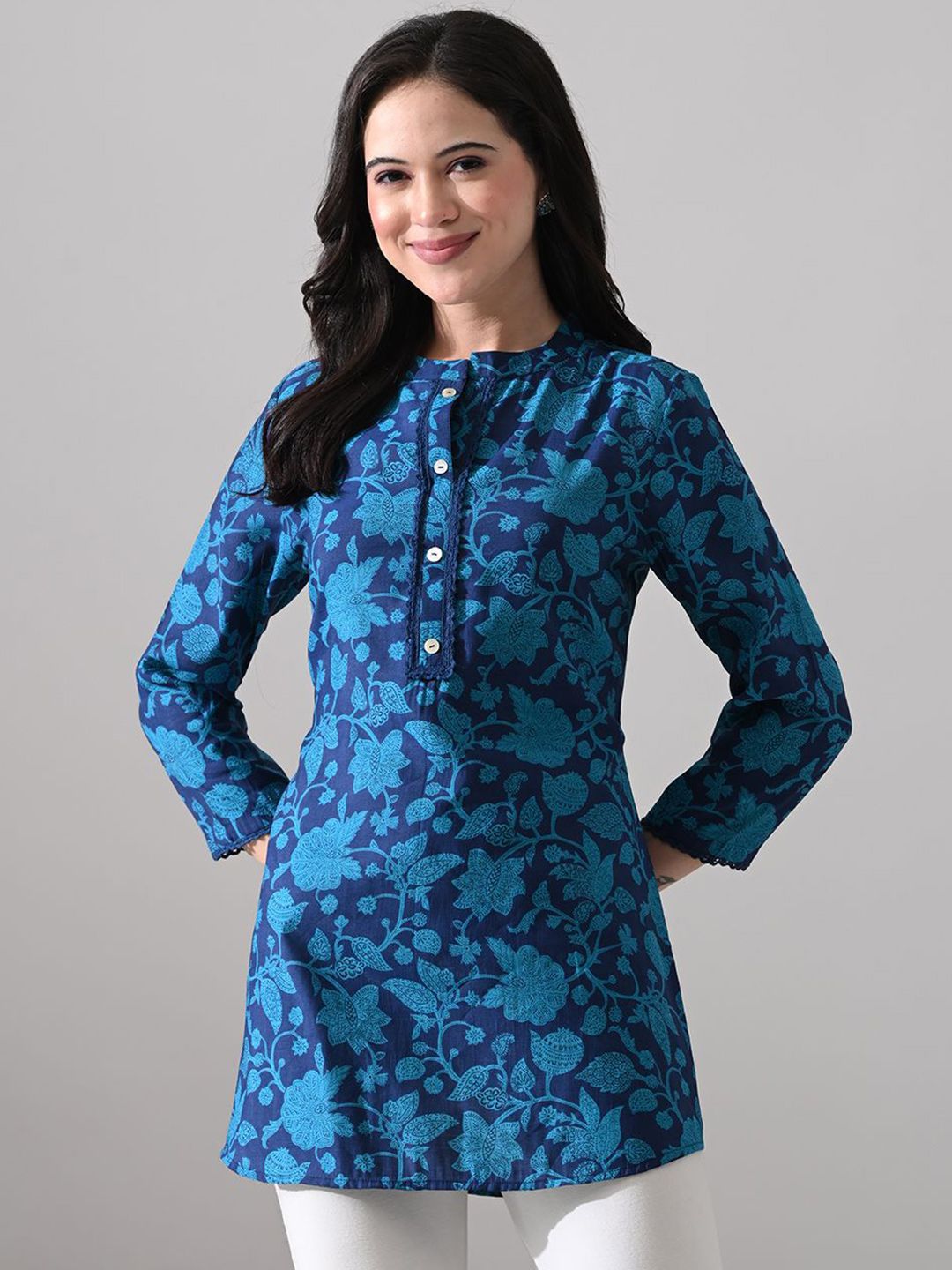 MEESAN Women Modal Mandarin Collar Floral Printed Tunic