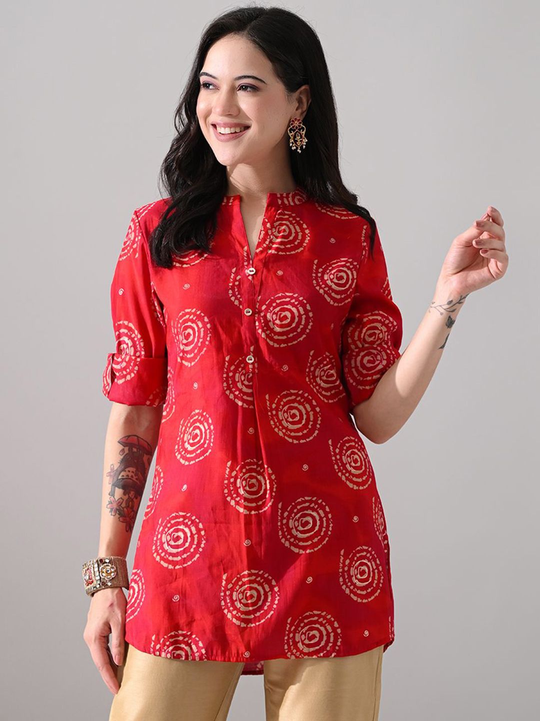 MEESAN Ethnic Motifs Printed Mandarin Collar Embellished Three-Quarter Sleeves Tunic