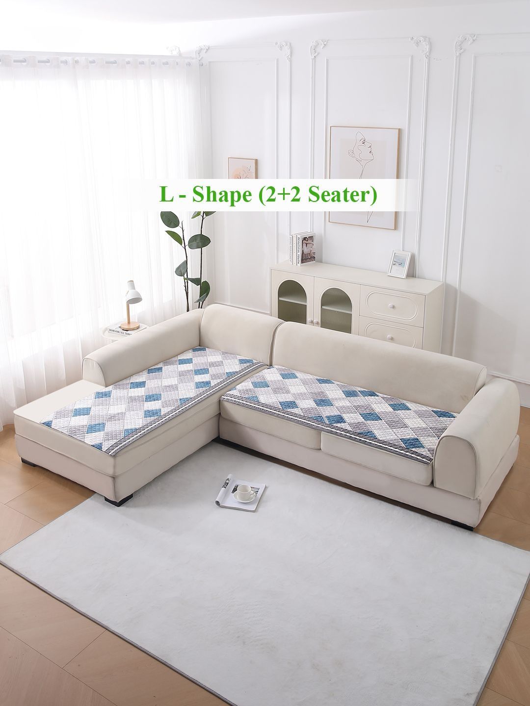 HOKIPO Diamond Slate Grey Blue LiefNest Printed Velvet L Shape 2+2 Sofa Cover