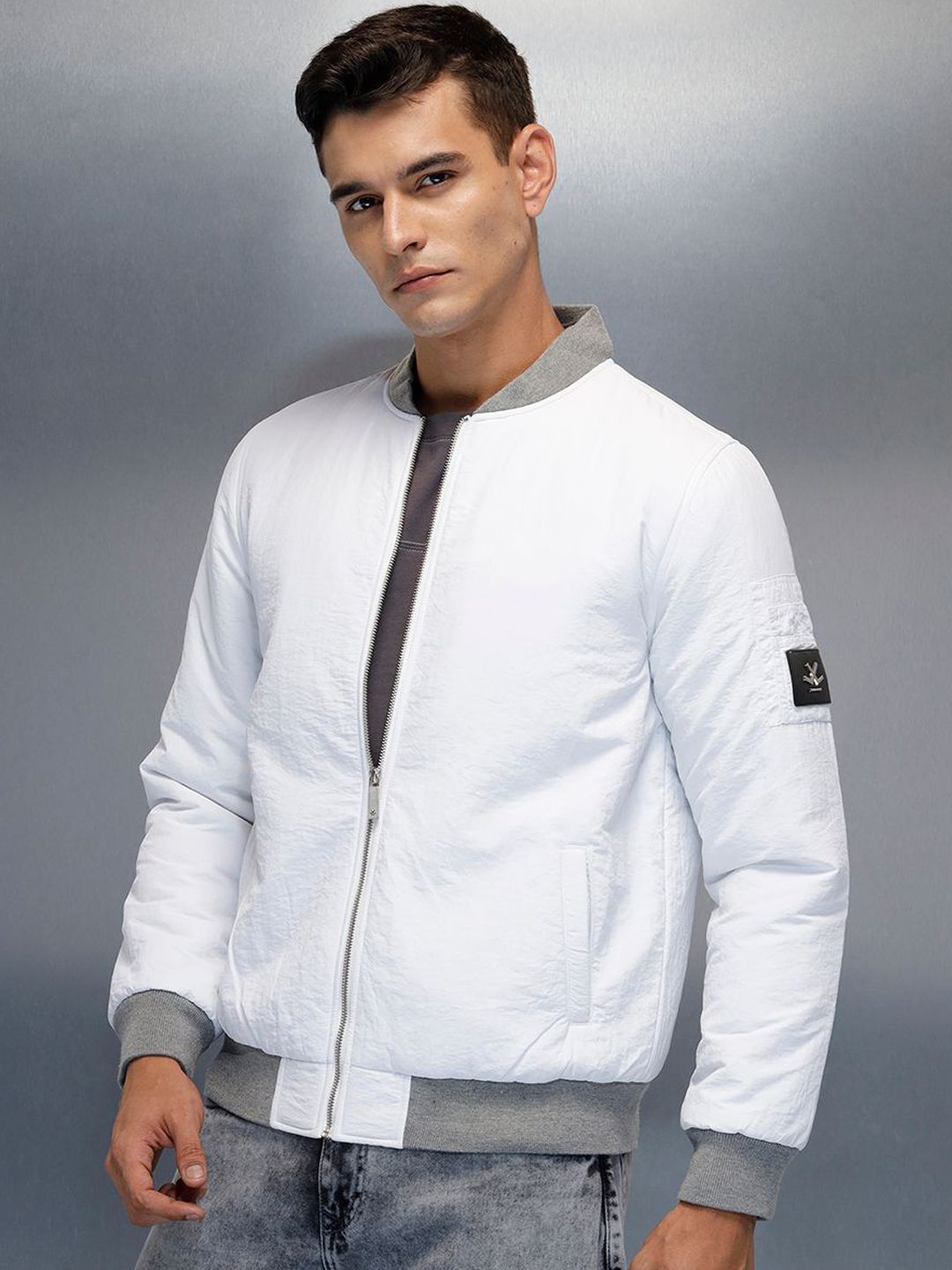 WROGN Men Stand Collar Solid Bomber Jacket