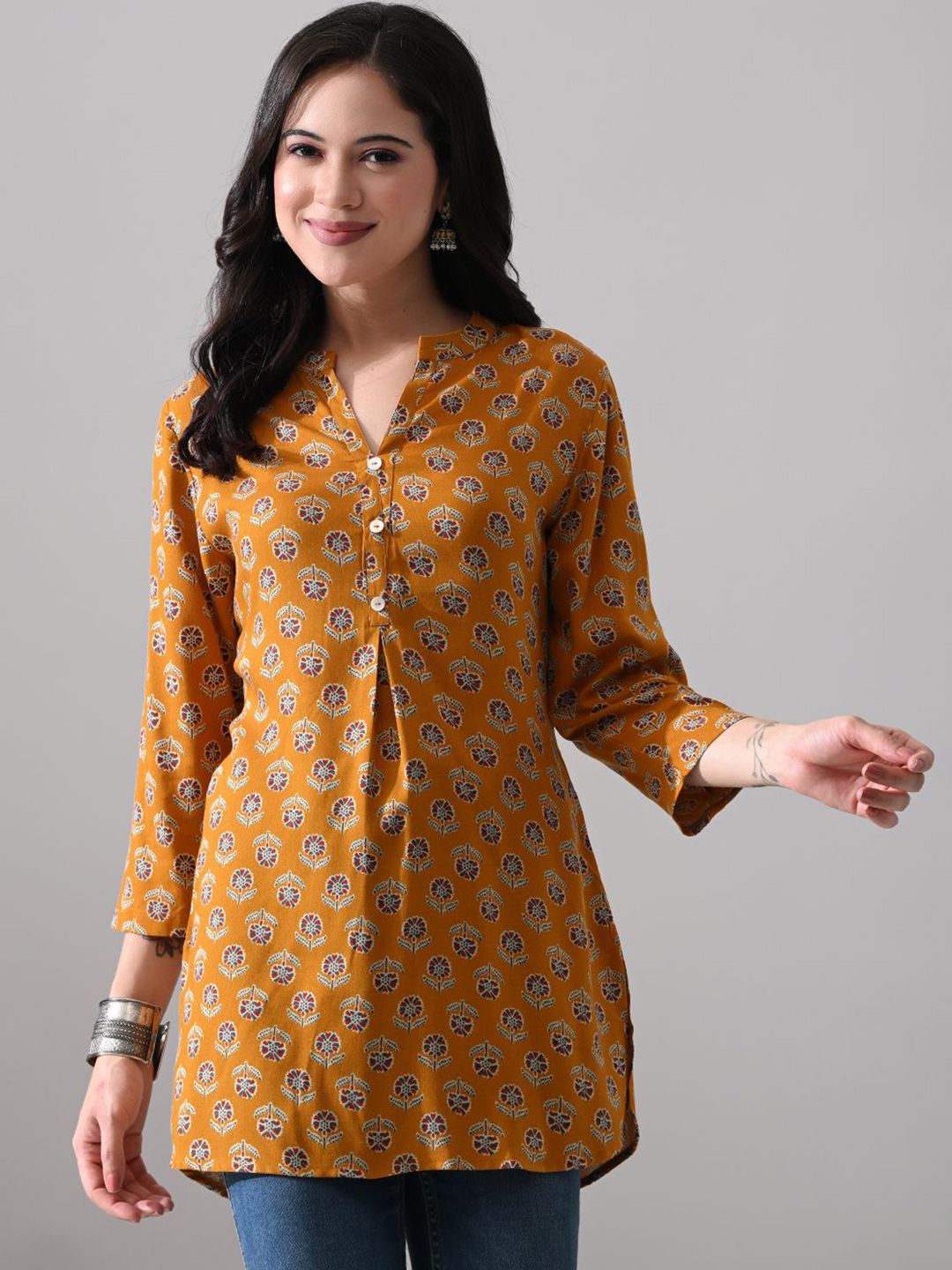 MEESAN Women Mandarin Collar Printed Embellished Ethnic Tunic