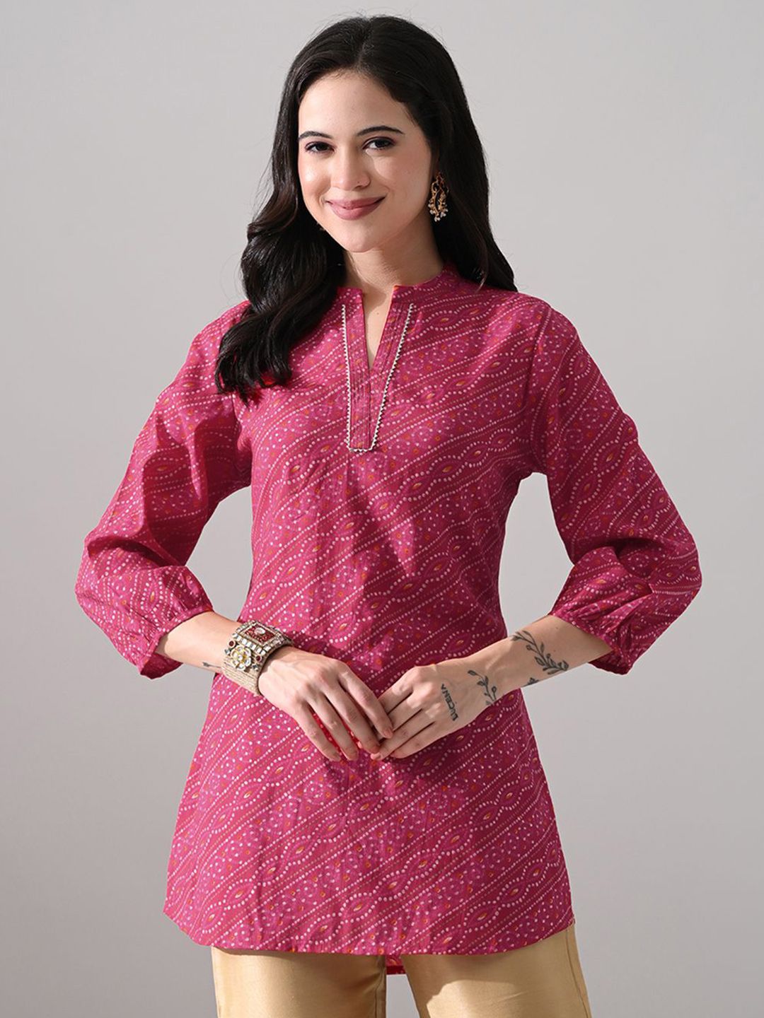 MEESAN Women Mandarin Collar Printed Ethnic Tunic