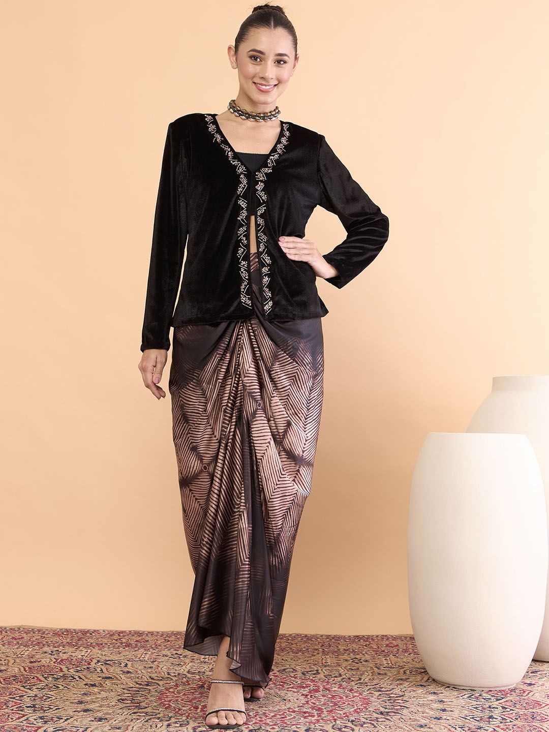 Embellished Jacket With Skirt Antheaa Embellished Long Sleeves Jacket With Skirt