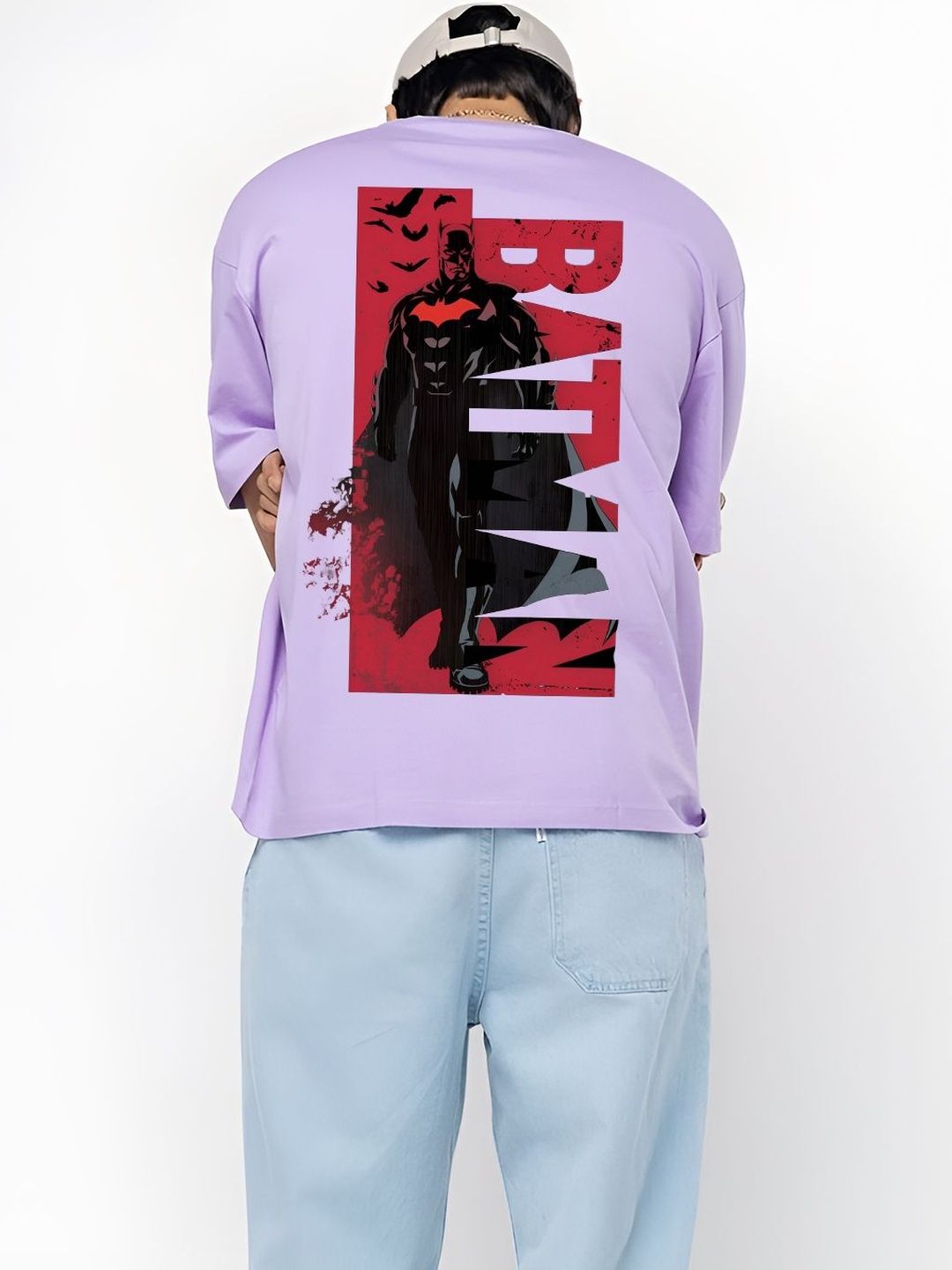 BDSQUARE Men Lavender Batman Printed Cotton Drop-Shoulder Sleeves T-shirt