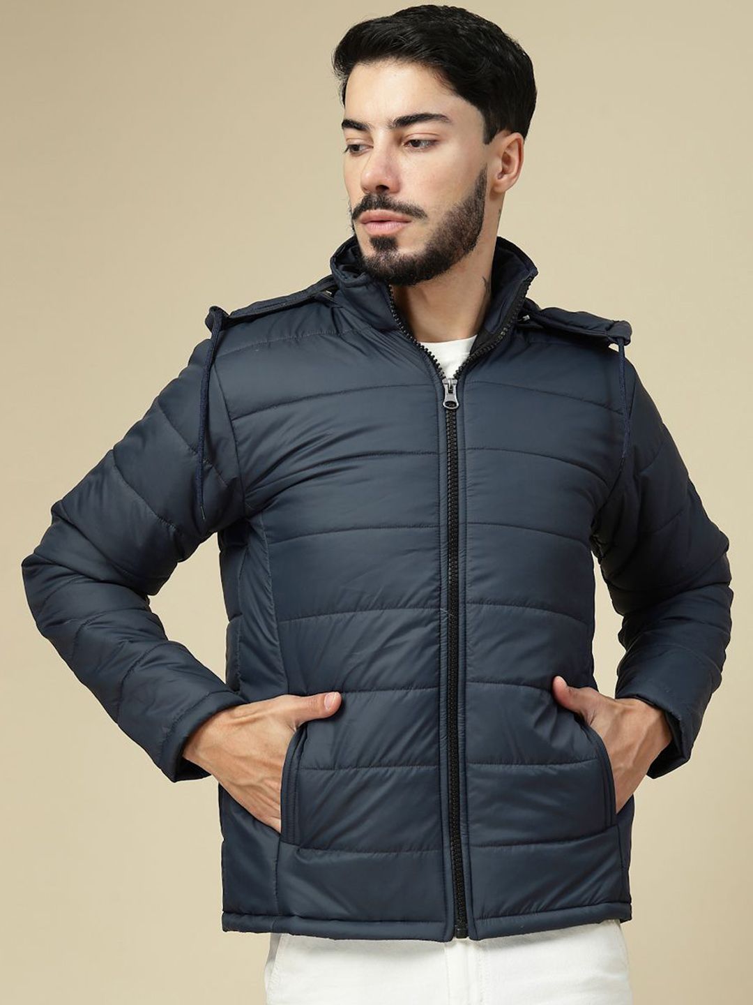 KLOTTHE Men Zip Detail Water Resistant Long Sleeve Hooded Quilted Jacket