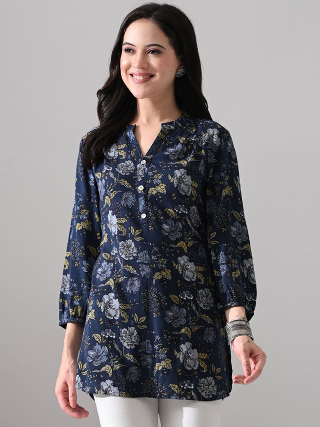 MEESAN Women Mandarin Collar Printed Tunic