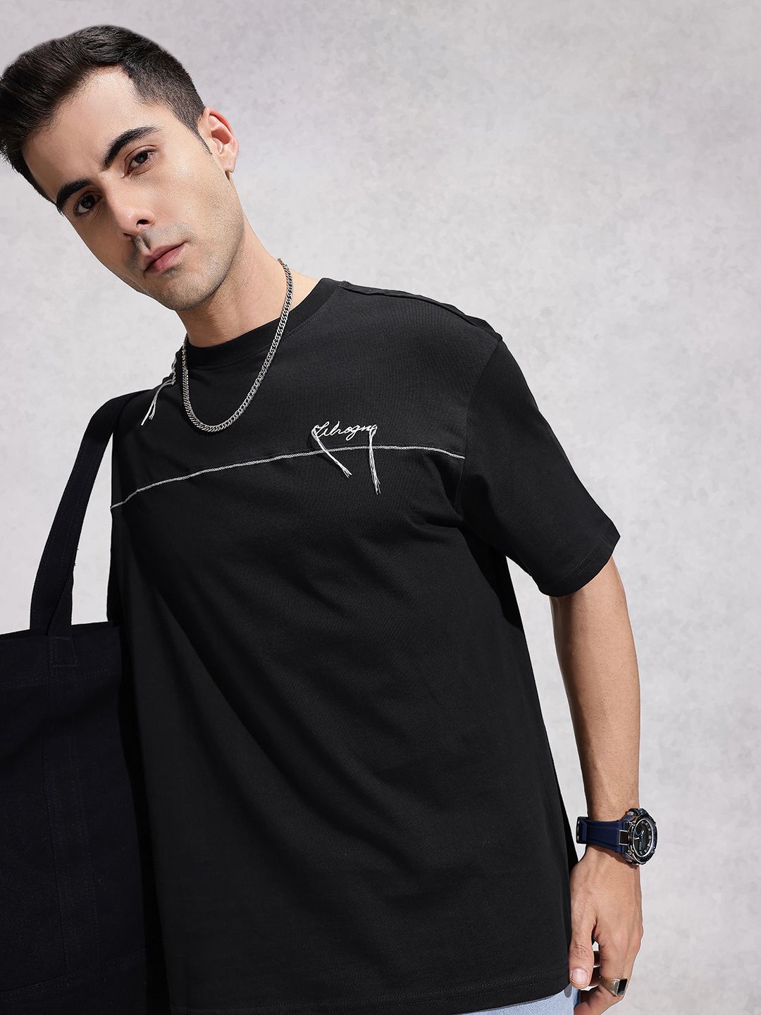 WROGN Oversized Embroidered Pure Cotton T-shirt