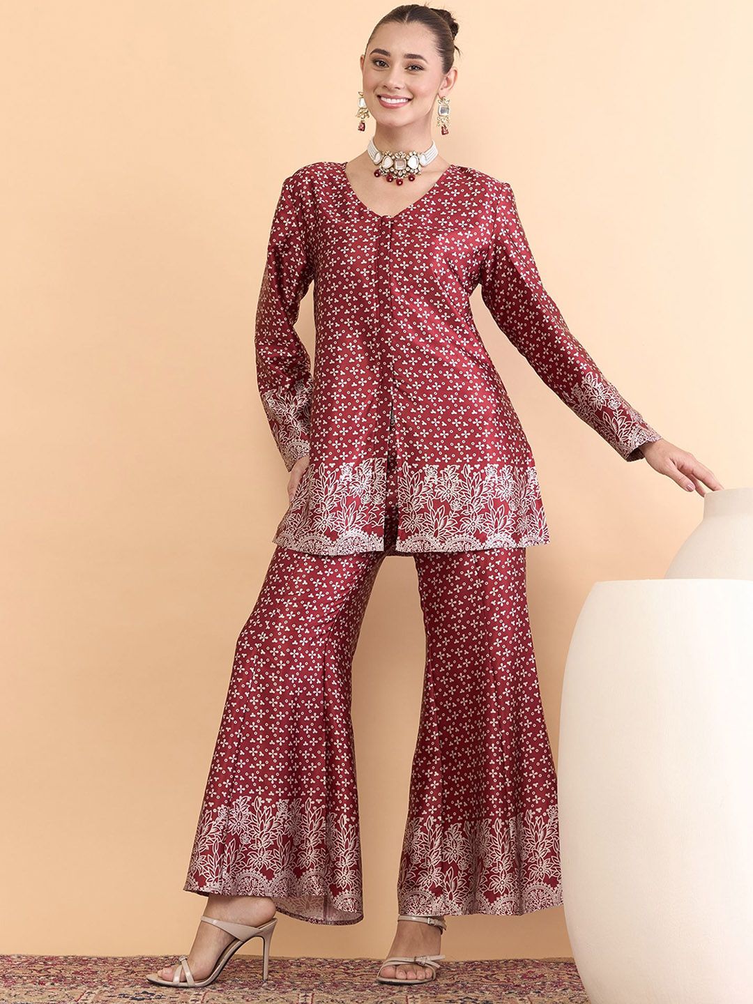 Printed Satin Tunic & Palazzo Antheaa Floral Printed V-Neck Satin Tunic With Palazzos