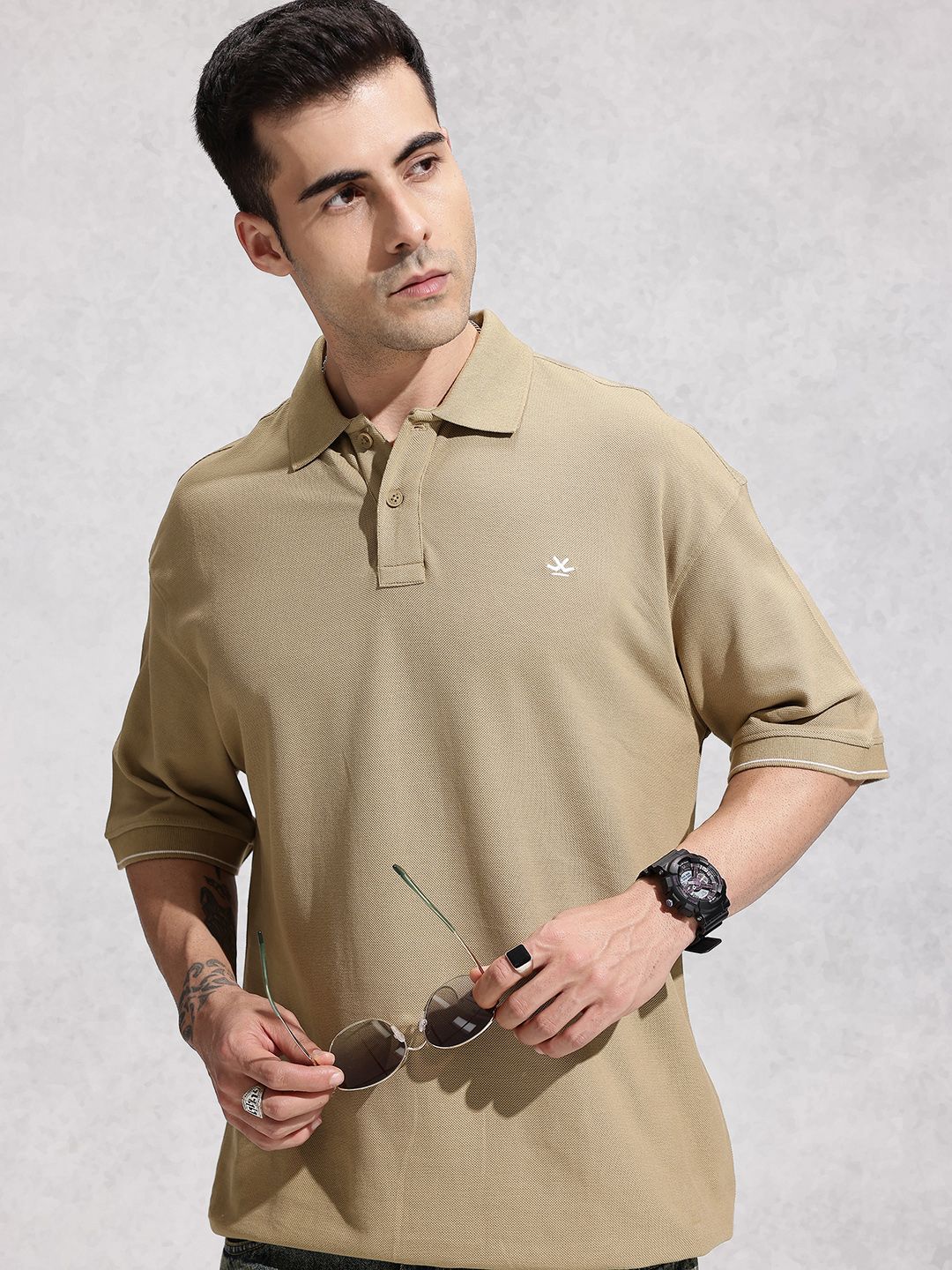 WROGN Drop-Shoulder Sleeves Pure Cotton Oversized Polo Collar T-shirt