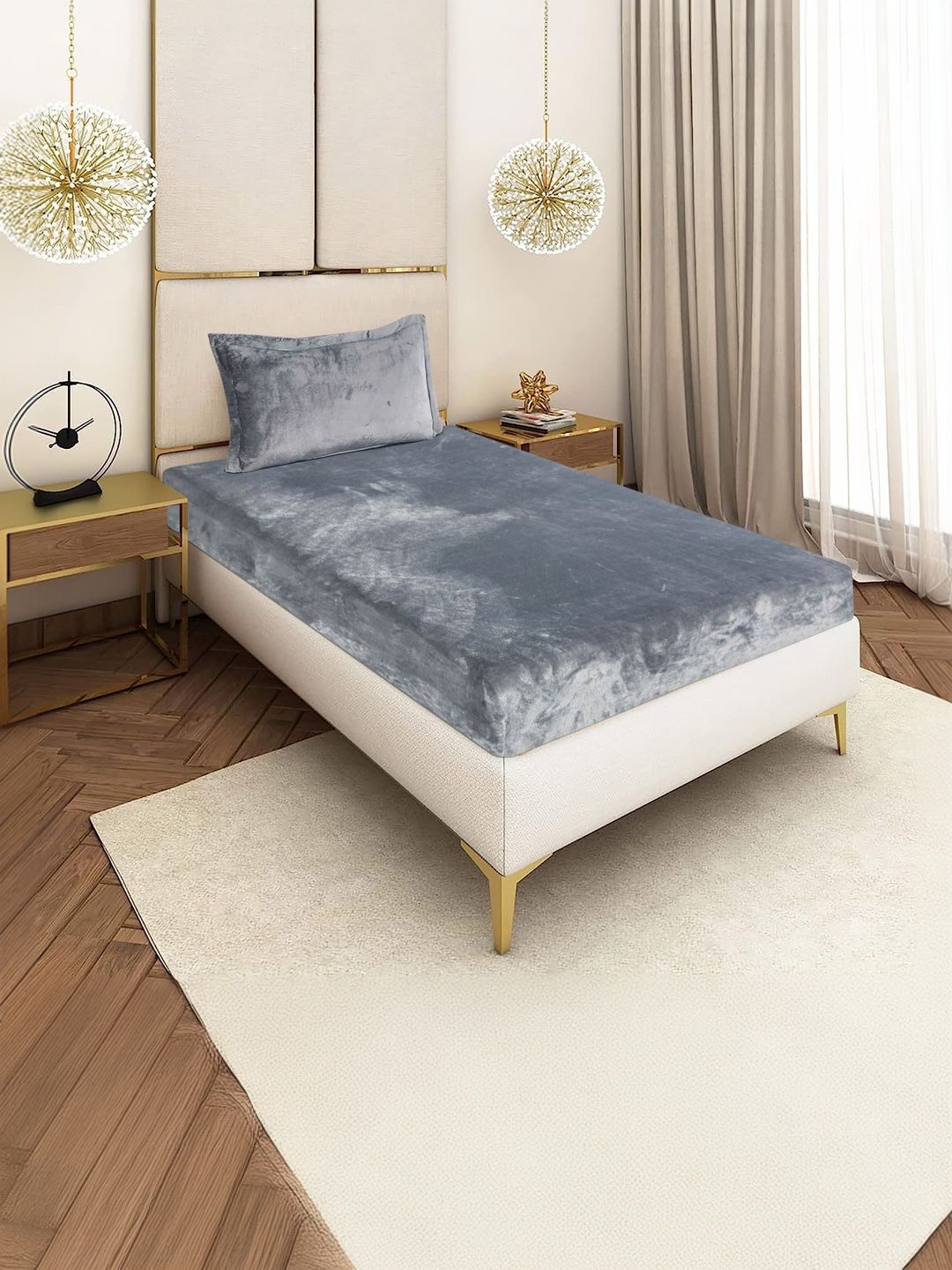 BLUEDOT Grey Velvet Woolen Warm 220 TC Single Fitted Bedsheet With 1 Pillow Cover