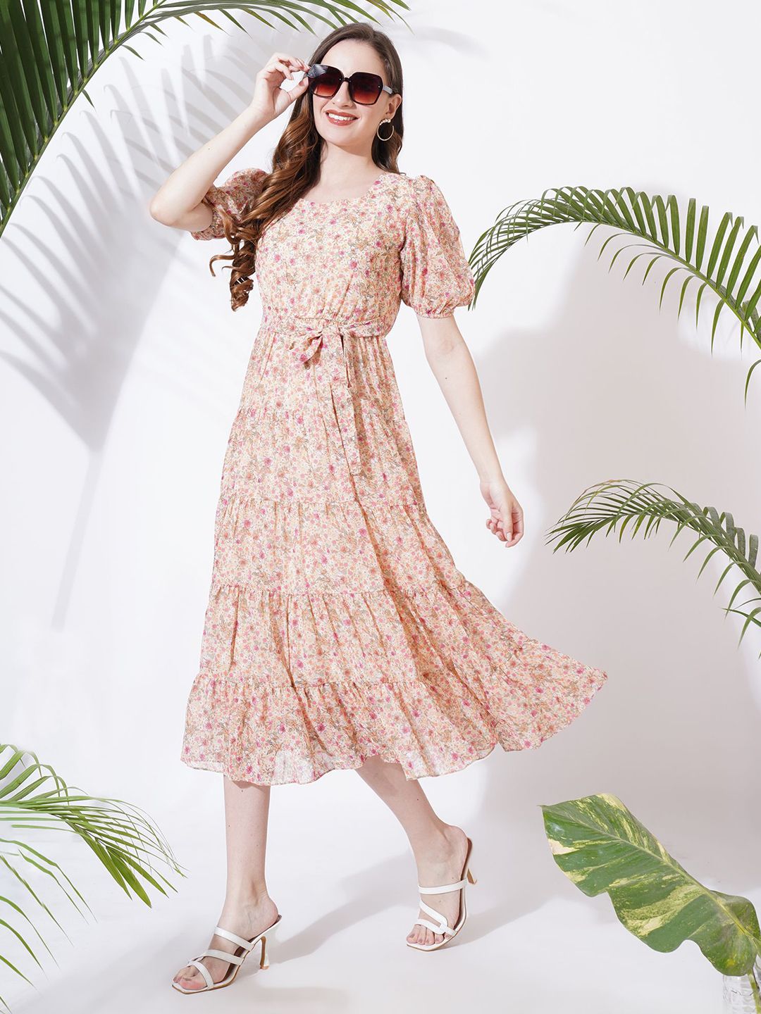 ぷー341✨アディアム Plumeria Knit Dress ひざ丈 Buy CORSICA Floral Print Puff Sleeve Georgette Midi Dress