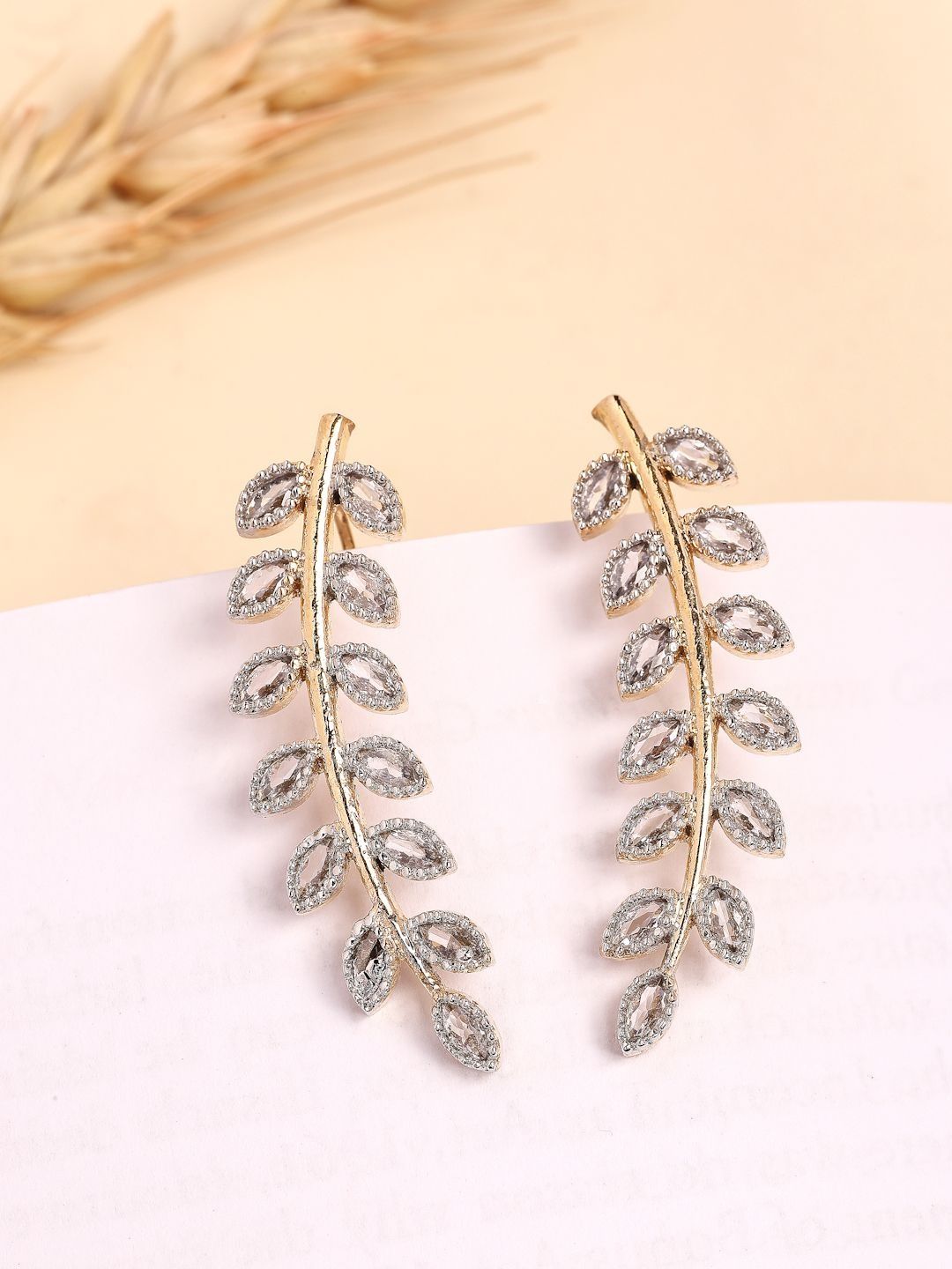 ZENEME Gold Plated American Diamond Studded Leaf Shaped Ear Cuff