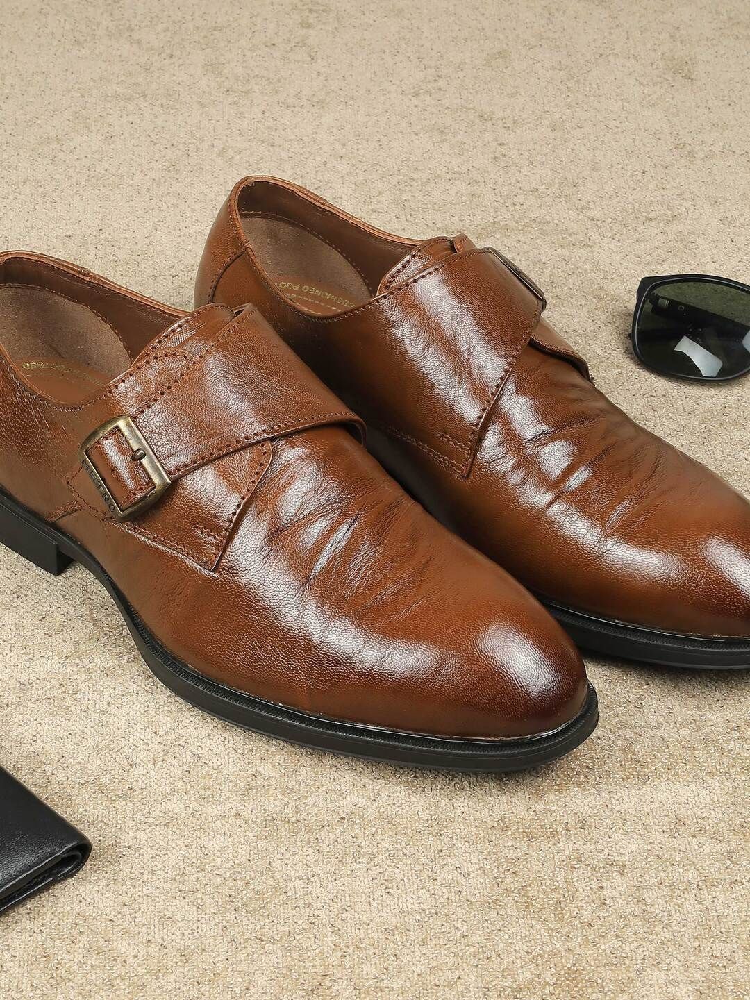 Metro Men Solid Round Toe Leather Formal Monk Shoes
