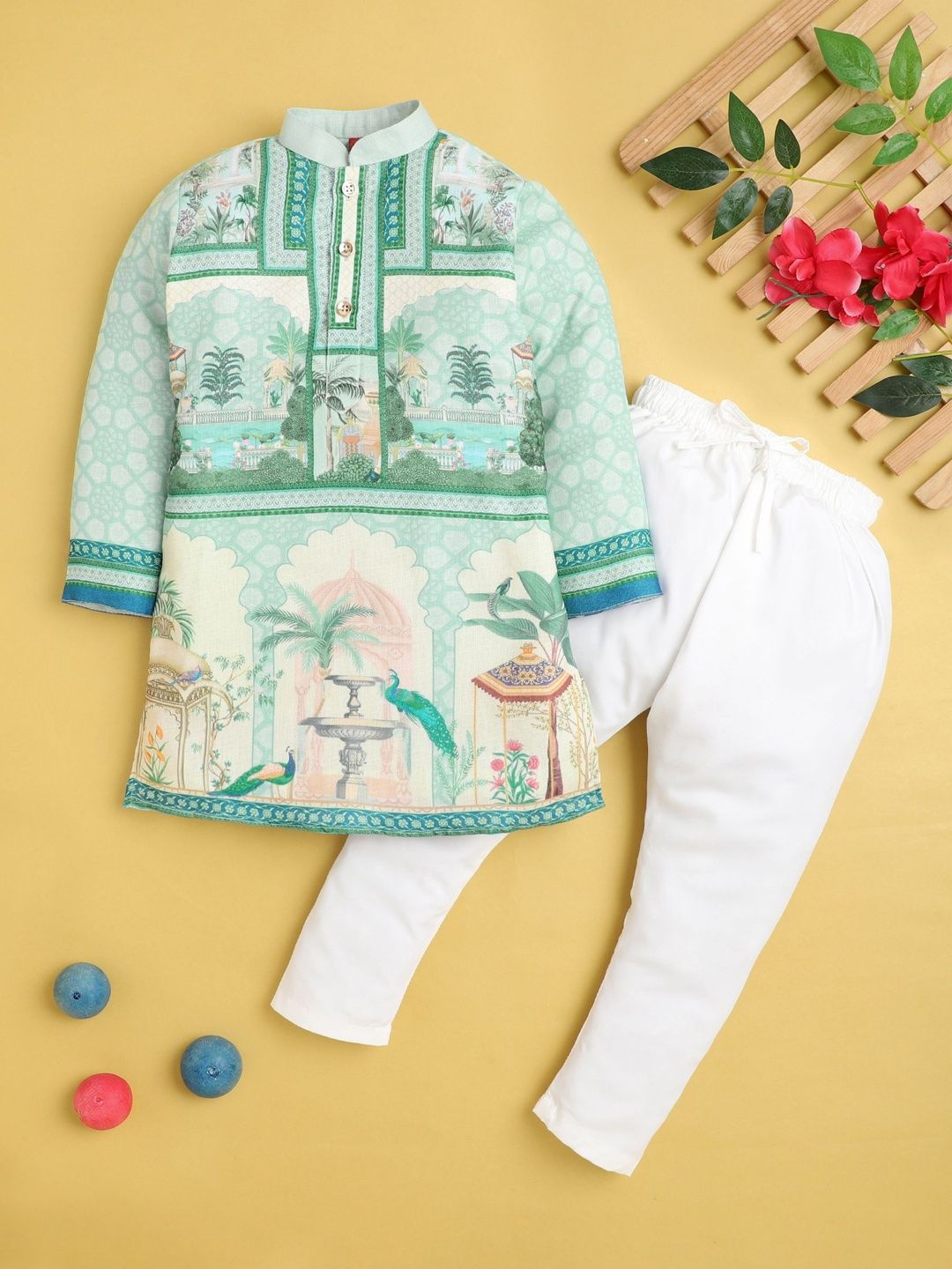 BAESD Boys Ethnic Motifs Printed Mandarin Collar Straight Kurta With Pyjamas