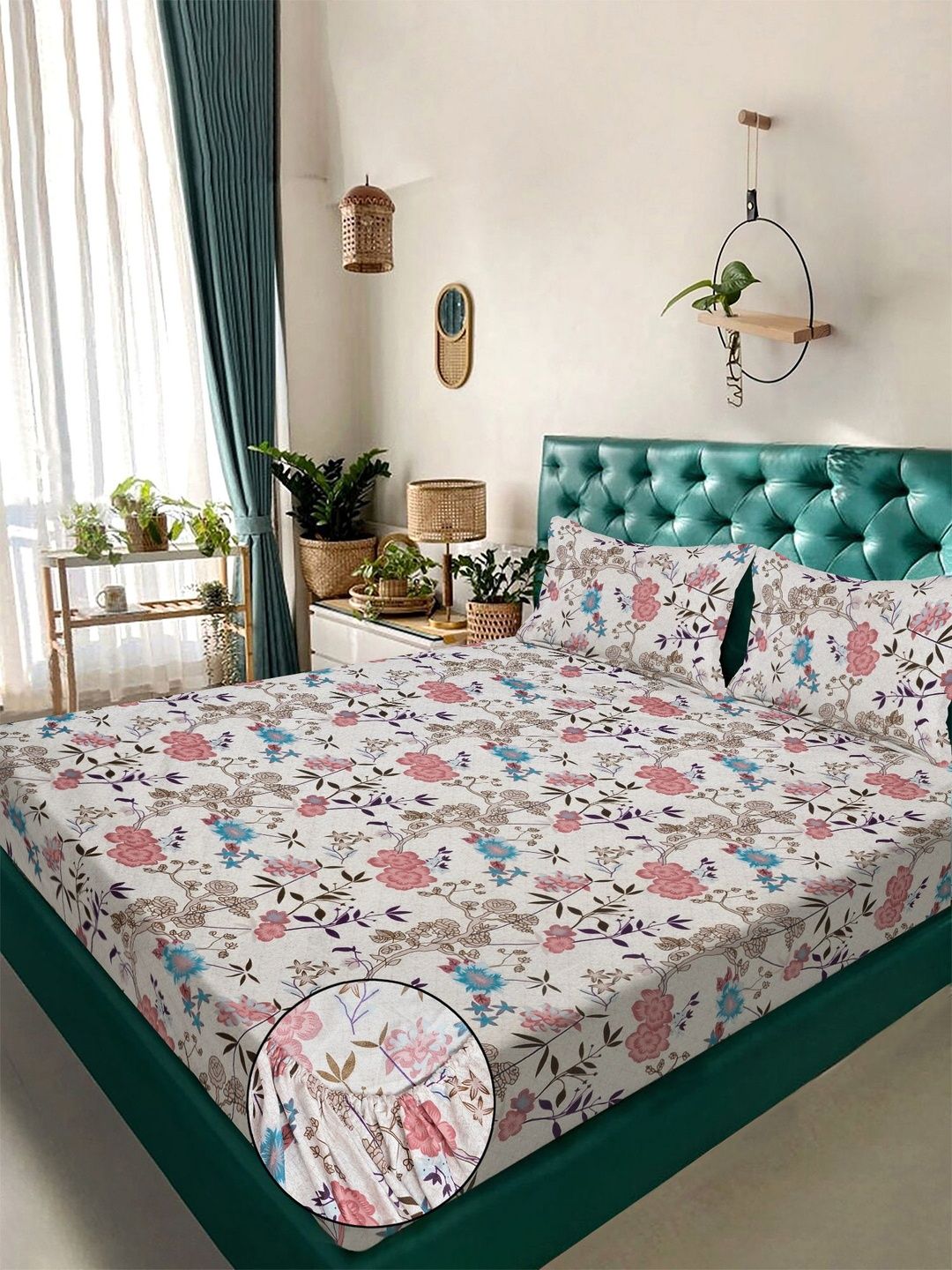 KLOTTHE Pink Floral Printed Fitted 300 TC Cotton Blend King Bedsheet With 2 Pillow Cover