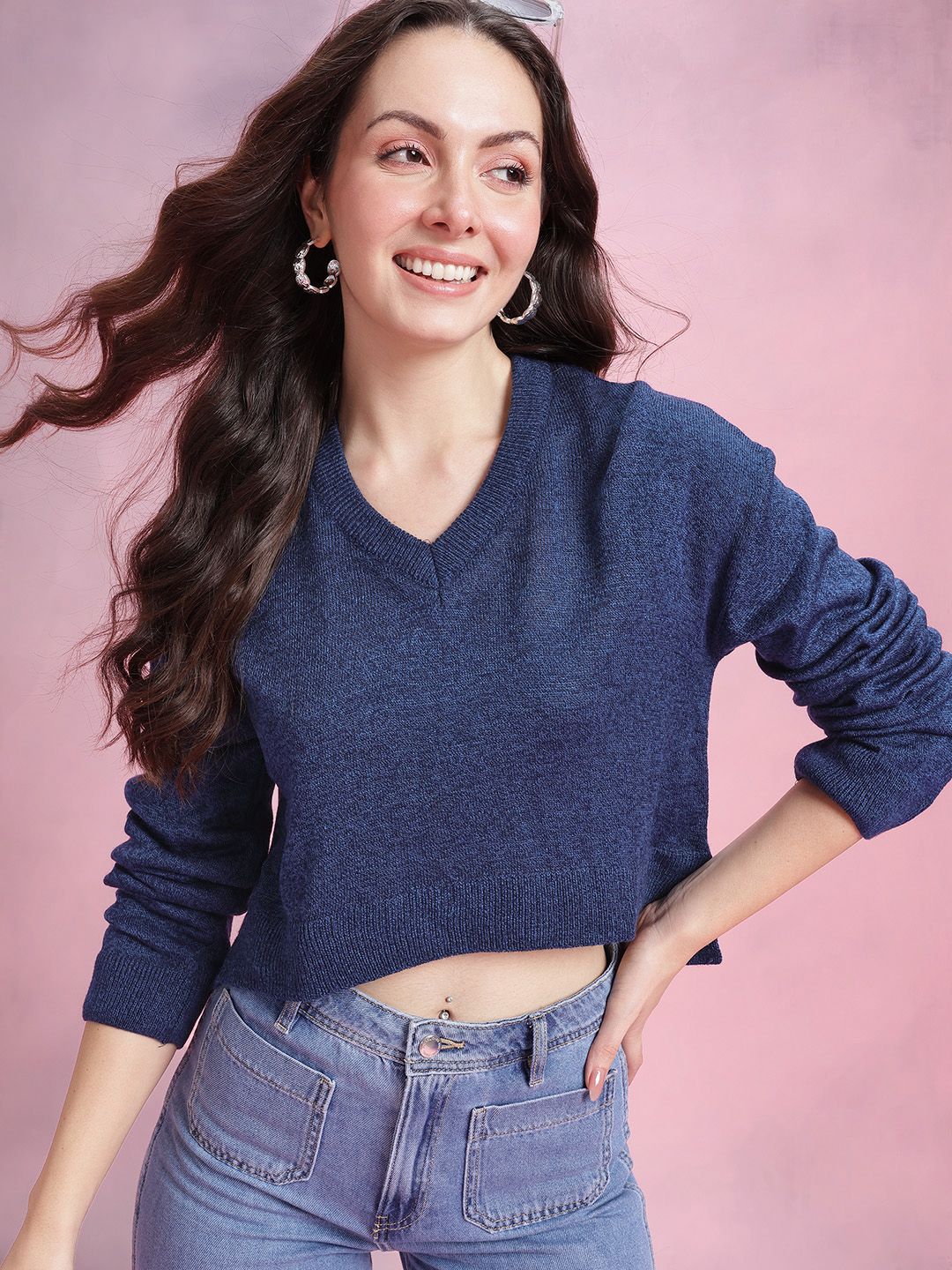 DressBerry V-Neck Grindle Effect Cropped Pullover