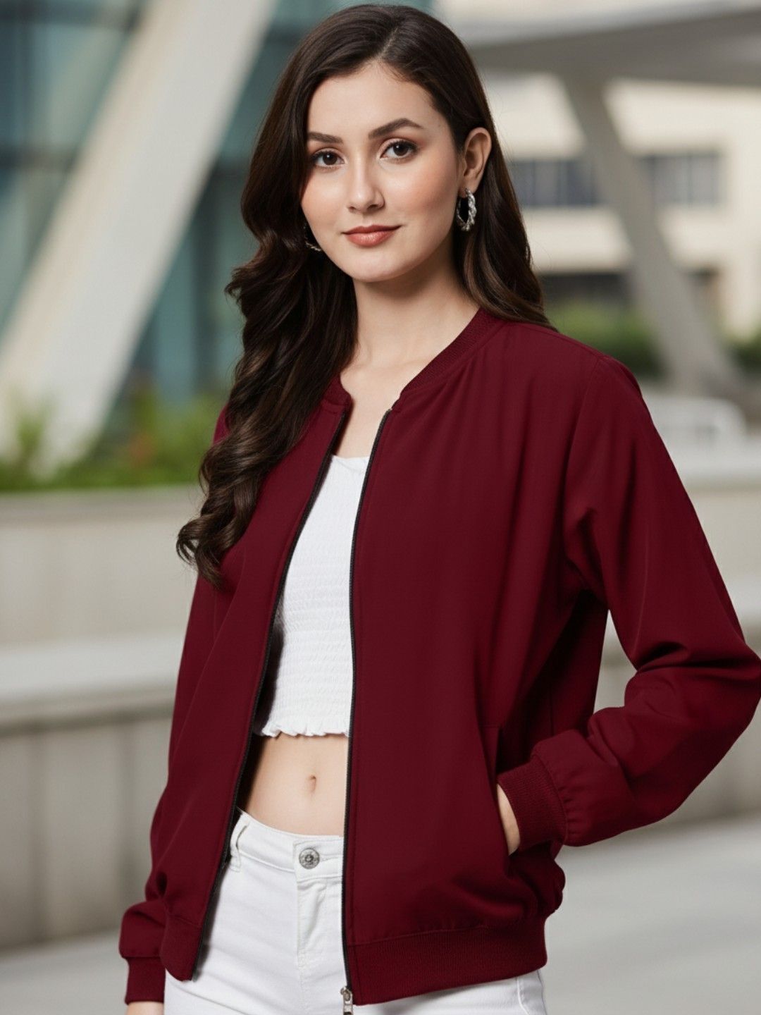 Leotude Women Collarless Solid Bomber Jacket