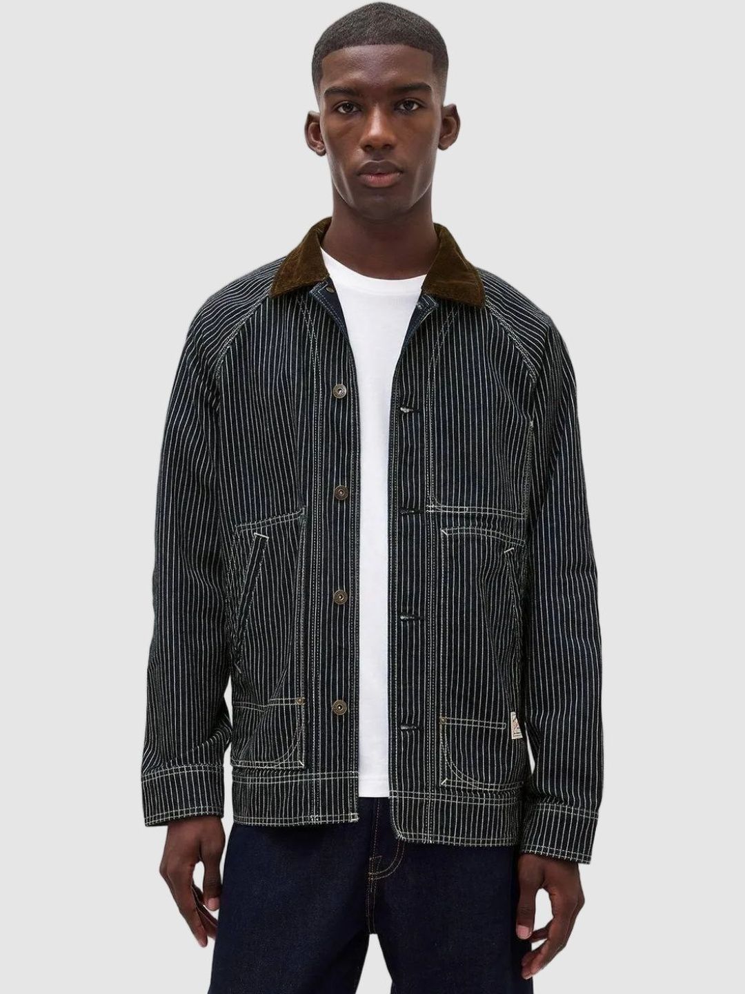 GAP Men Striped Long Sleeves Spread Collar Cotton Regular Oversized Biker Jacket