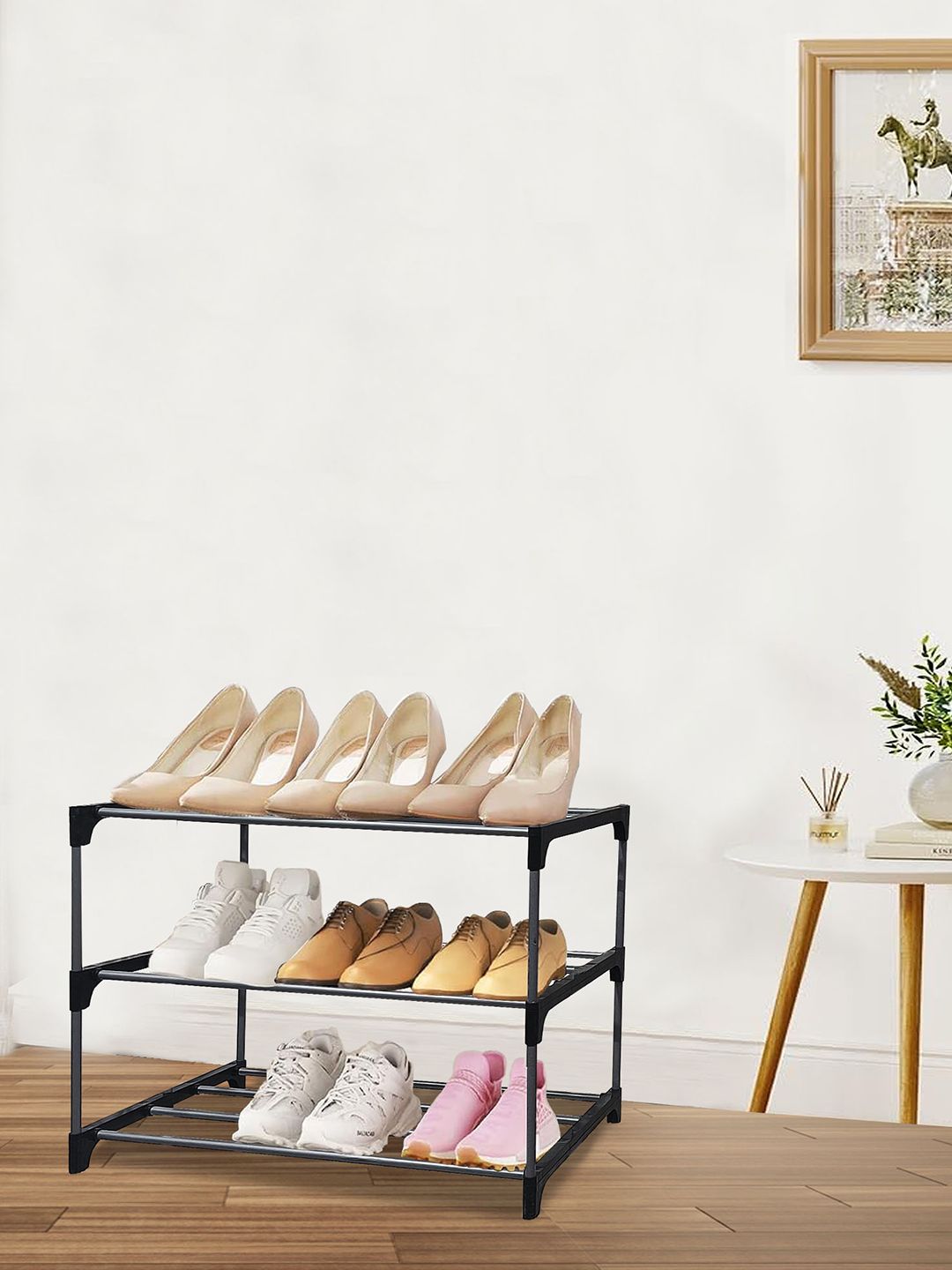 Urban Choice Grey and Black 3-Layers Metal Collapsible Shoe Rack