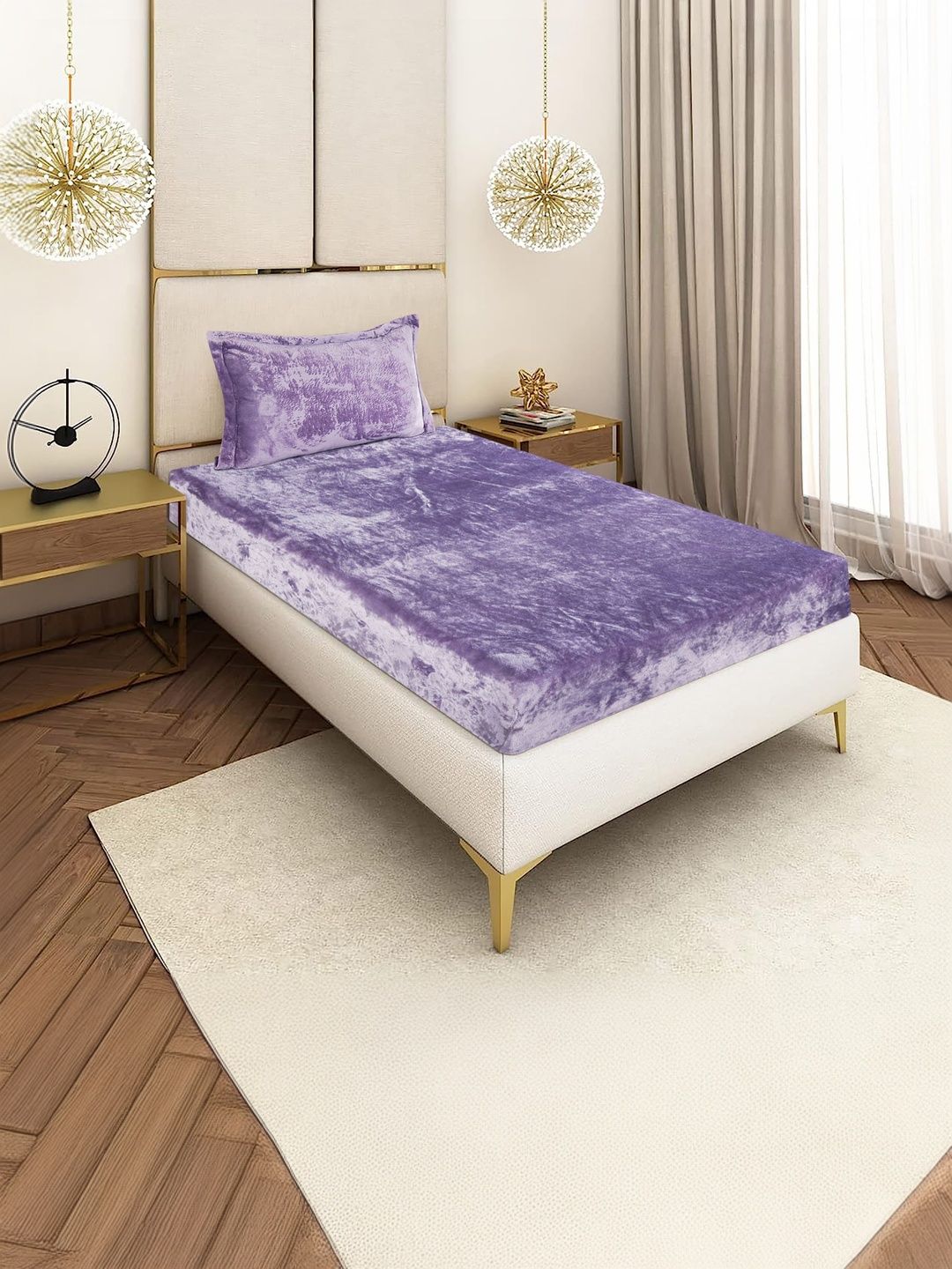 BLUEDOT Purple Velvet Woolen Warm 220 TC Single Fitted Bedsheet with 1 Pillow Cover
