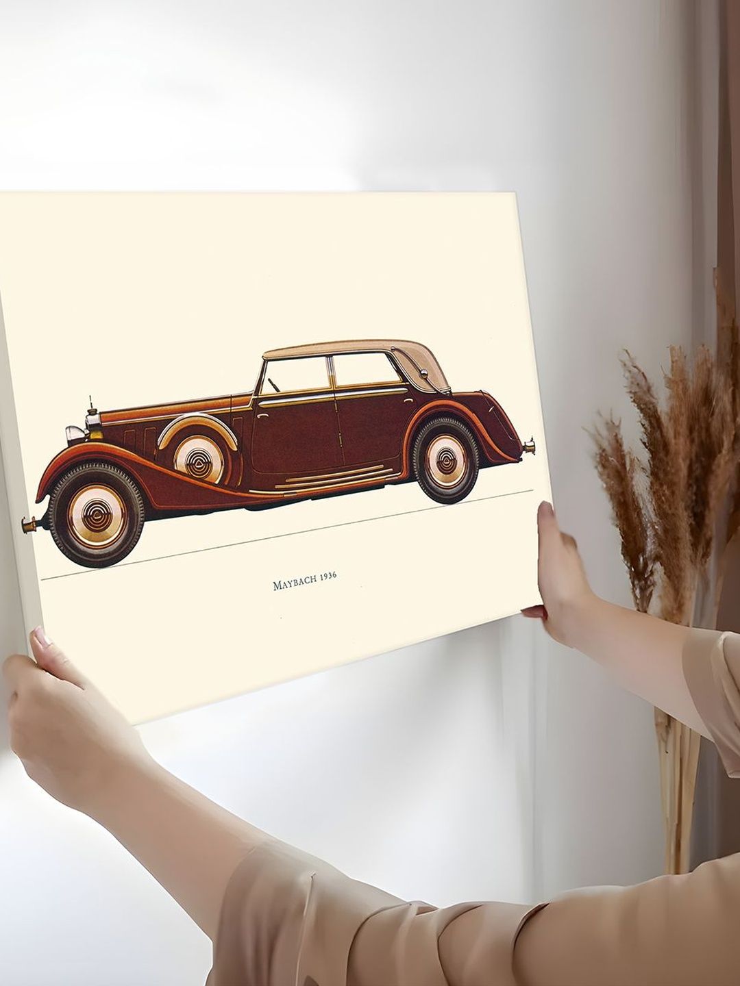 Art Street Stretched Canvas Maroon Vintage Antique Retro Car Painting 12x16 In