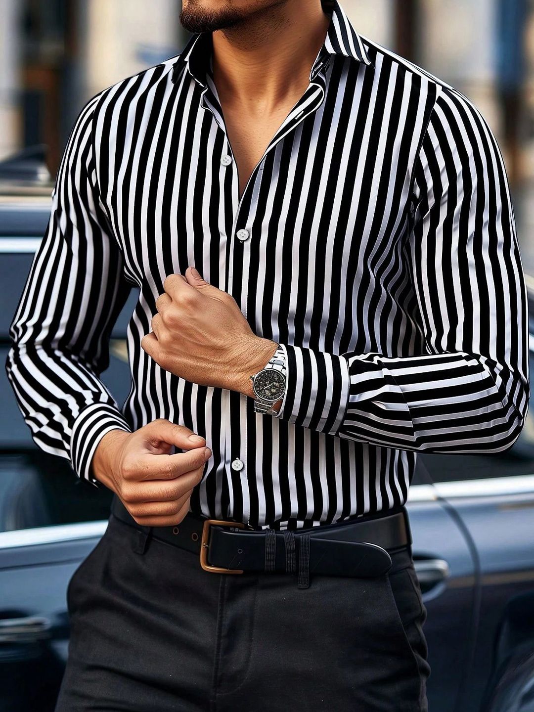 Praizy Striped Spread Collar Classic Regular Fit Formal Shirt