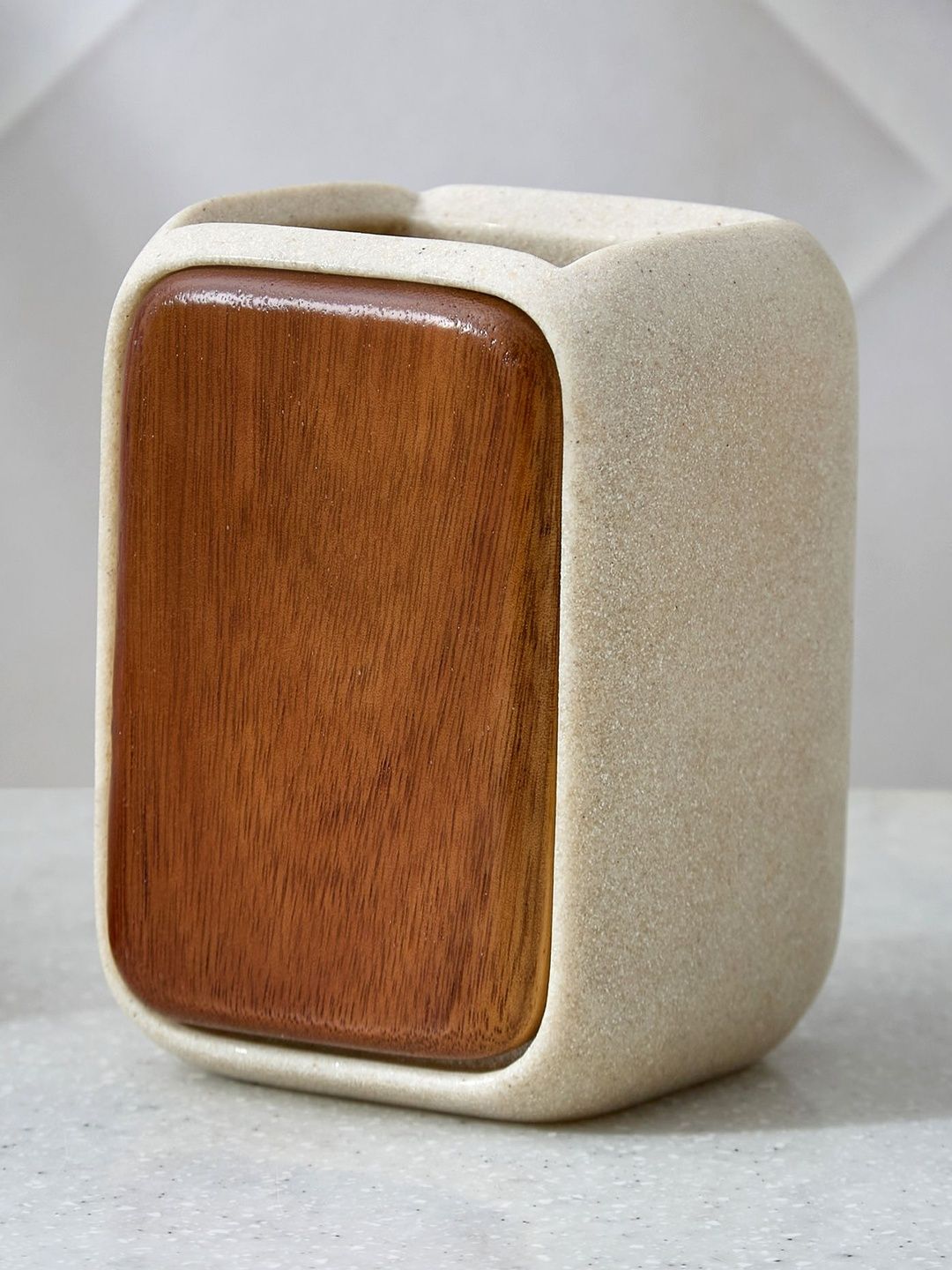 Home Centre Beige & Brown Solid Wood Toothbrush Holder