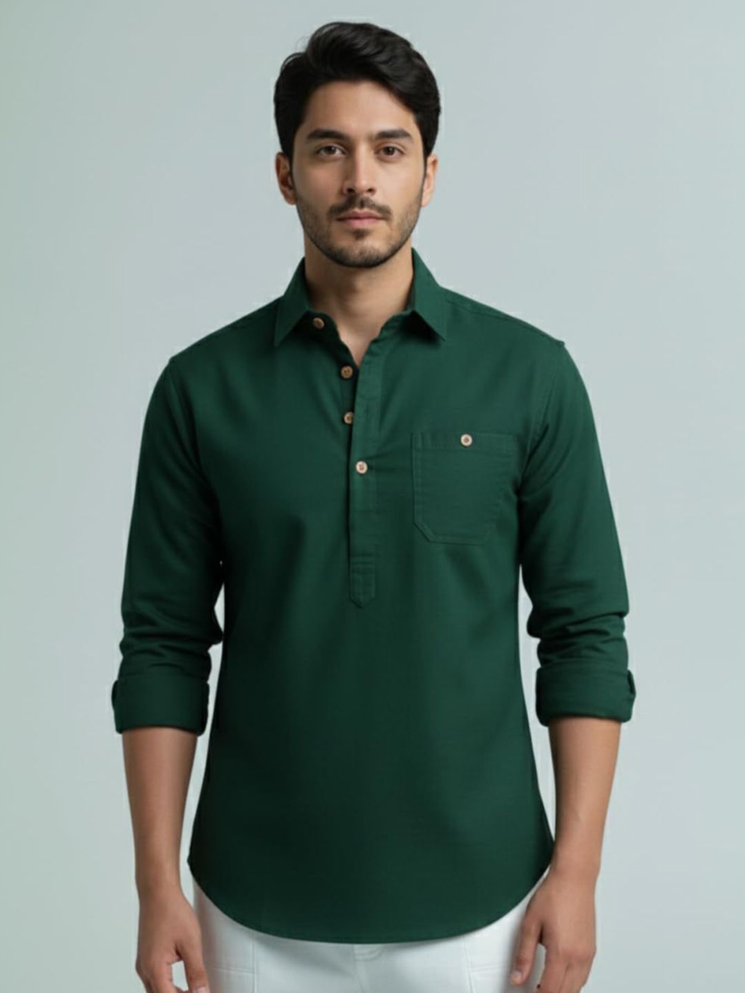Vida Loca Shirt Collar Roll-Up Sleeves Cotton Straight Kurtas
