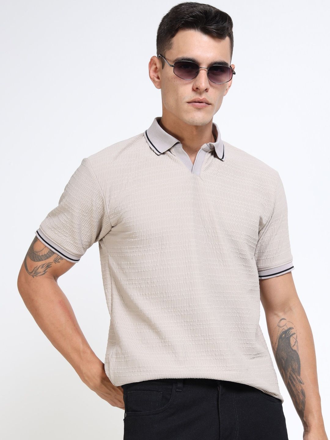 THE BEETEL HOUSE Men Textured Polo Collar Short Sleeve T-shirt