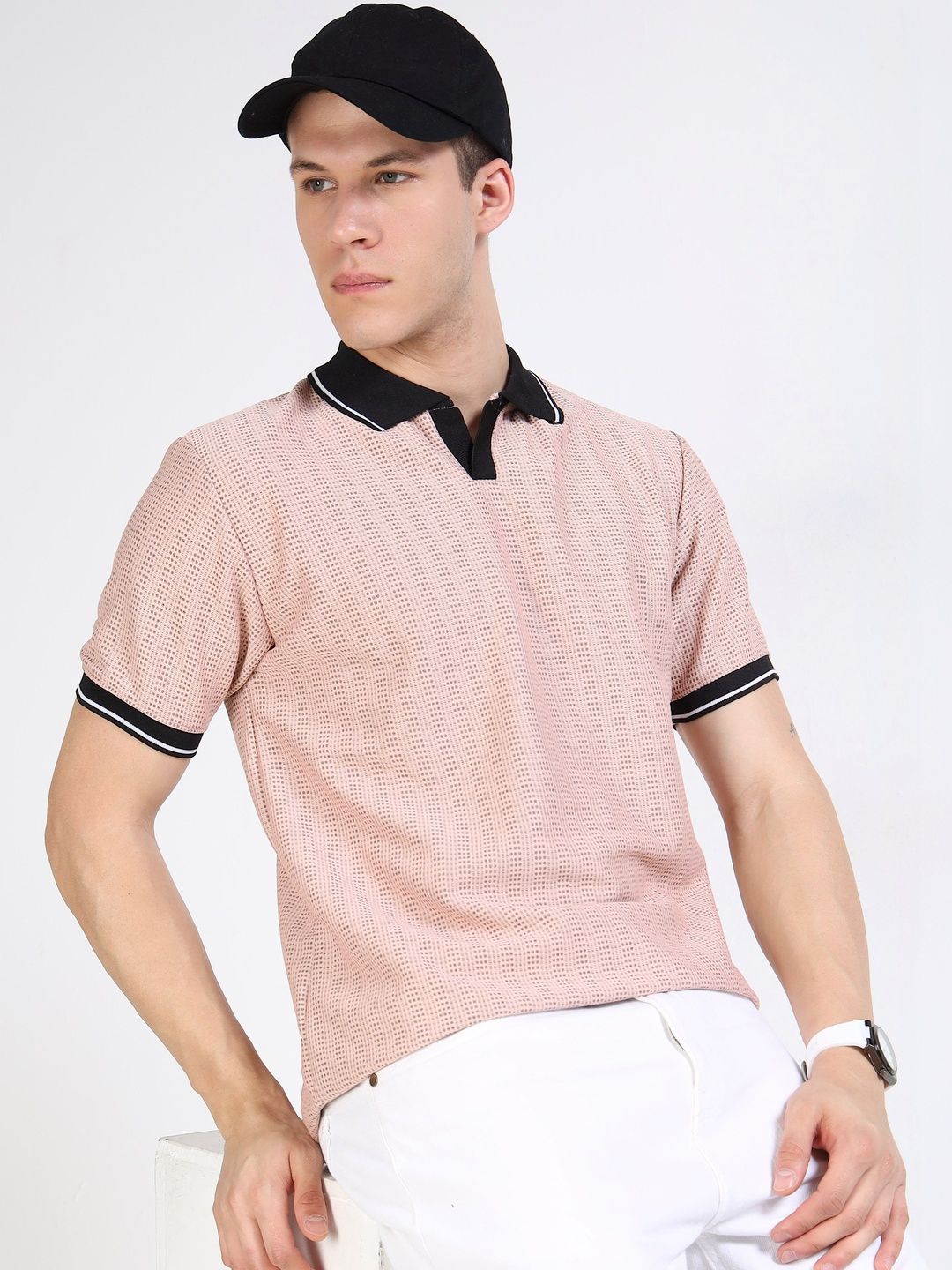 THE BEETEL HOUSE Men Textured Knitted Polo Collar Short Sleeve T-shirt
