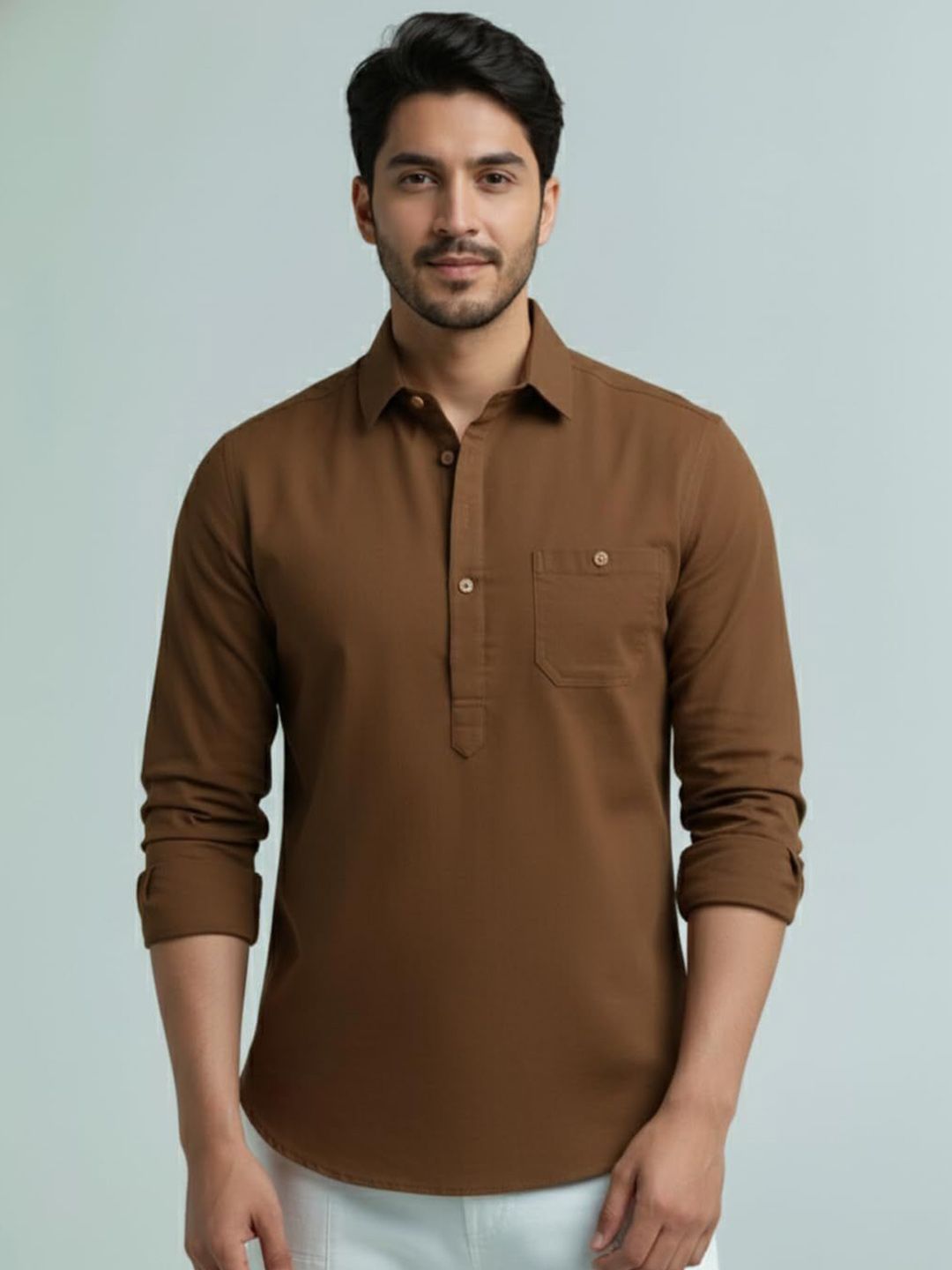 Vida Loca Shirt Collar Roll-Up Sleeves Short Kurta