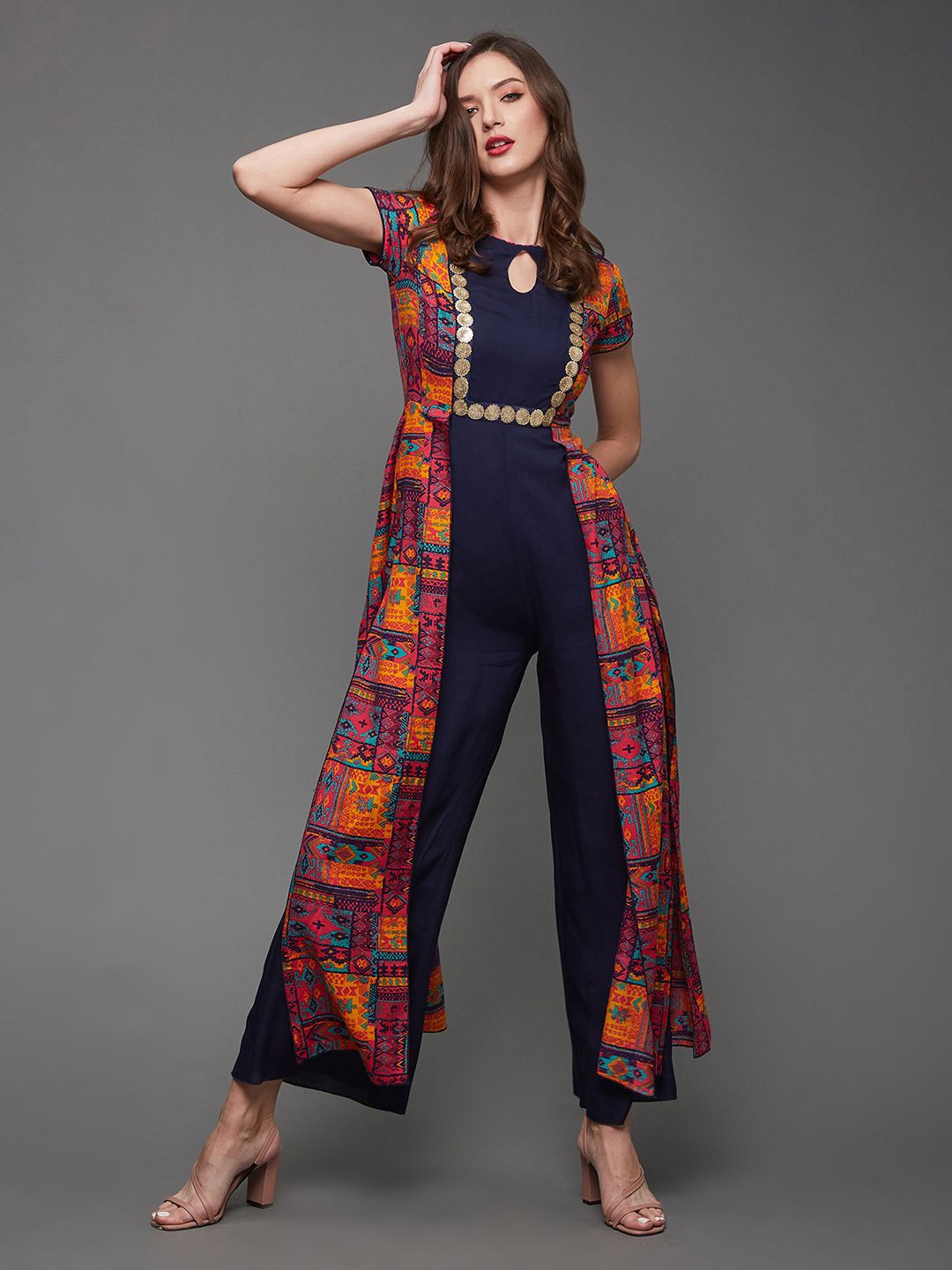 Miss Chase Women's Keyhole-Neck Bohemian Paneled Viscose-Rayon Regular-Length Jumpsuit