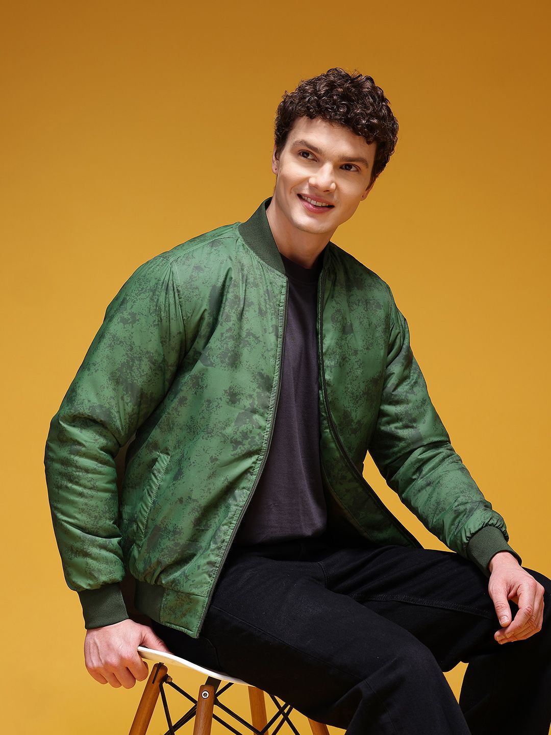 HERE&NOW Abstract Printed Stand Collar Padded Bomber Jacket