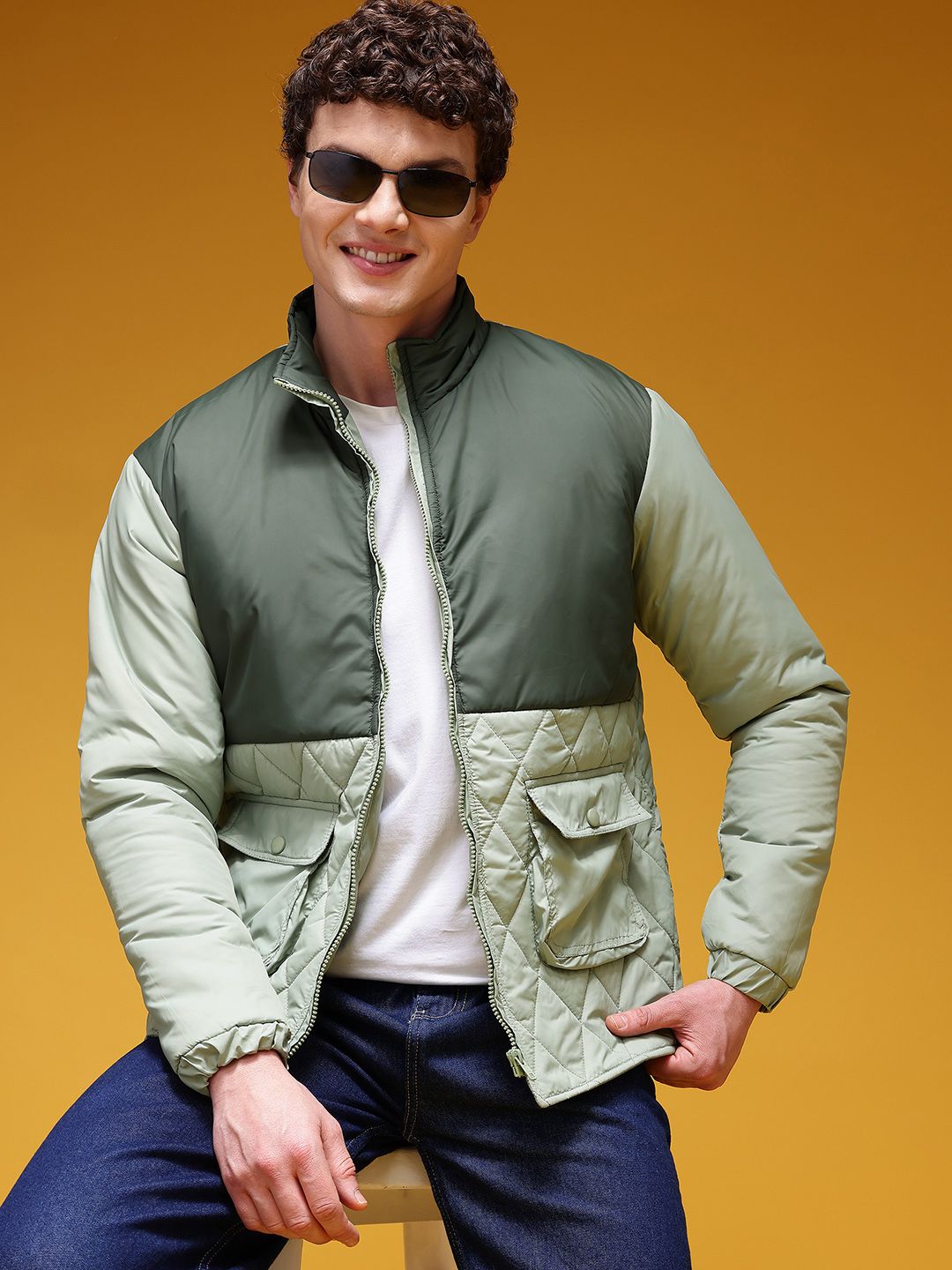 HERE&NOW Colourblocked Mock Collar Quilted Jacket