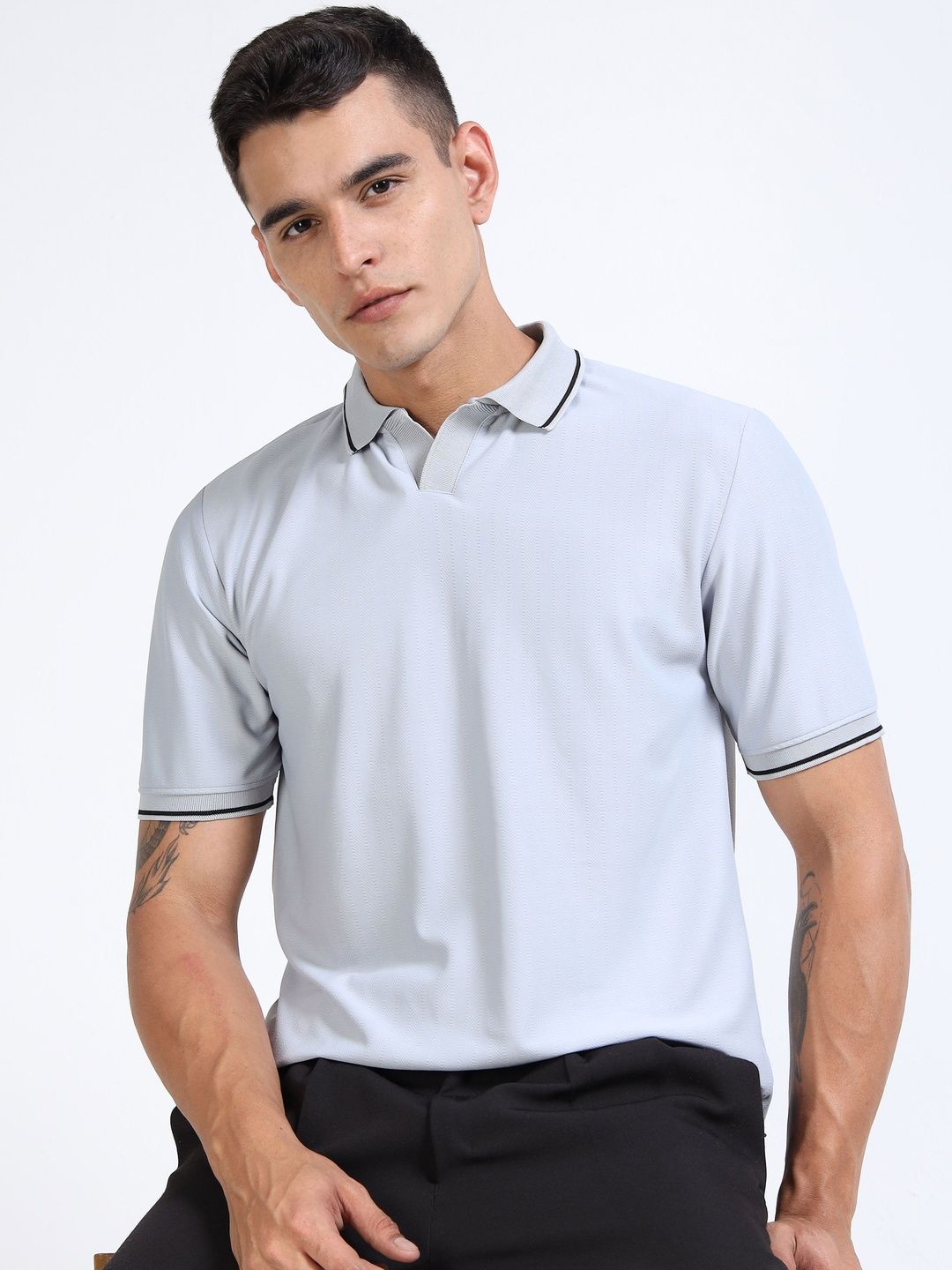 THE BEETEL HOUSE Men Self Design Polo Collar T-shirt