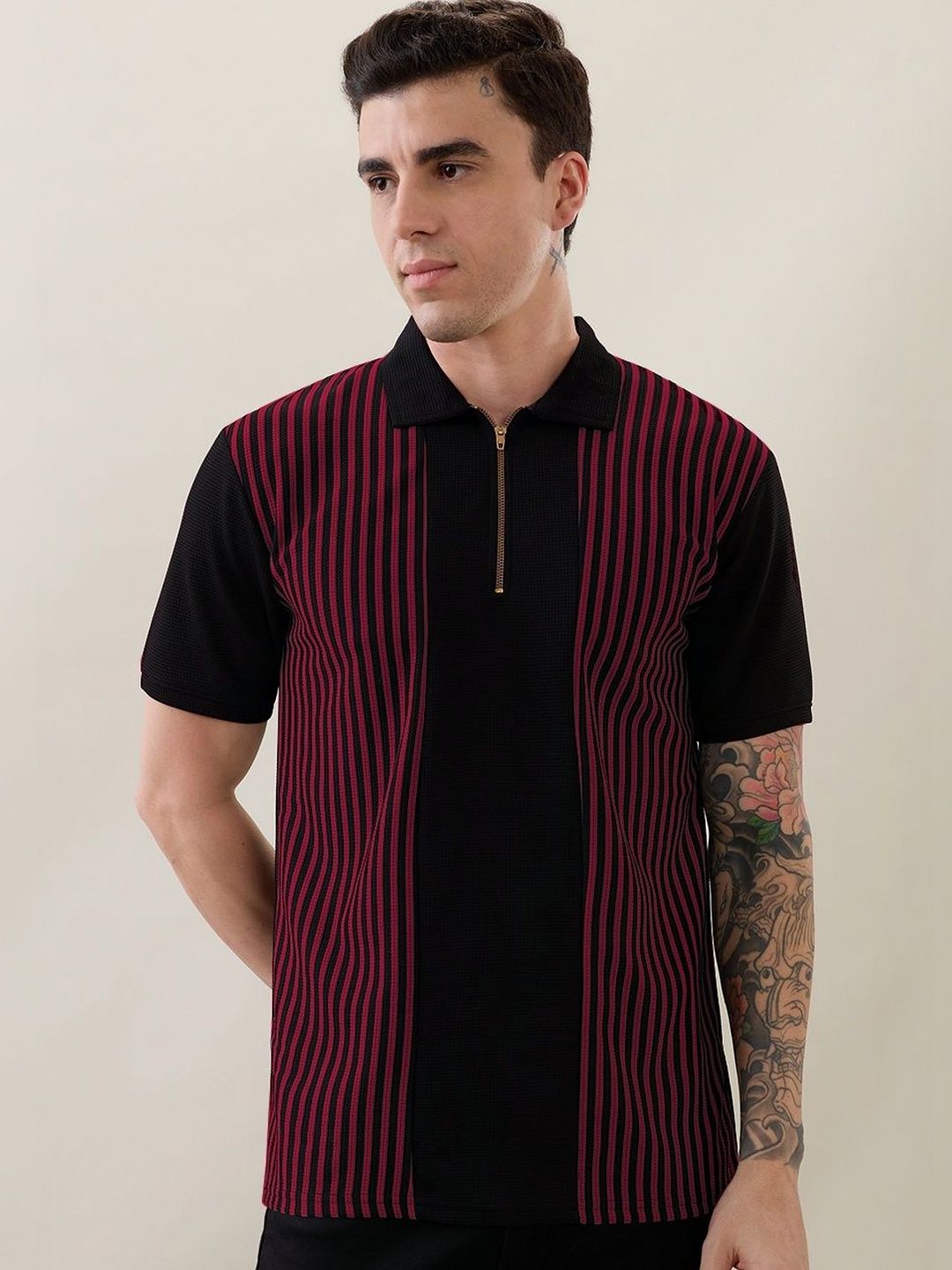 KAJARU Men Striped Polo Collar Zipper T-shirt